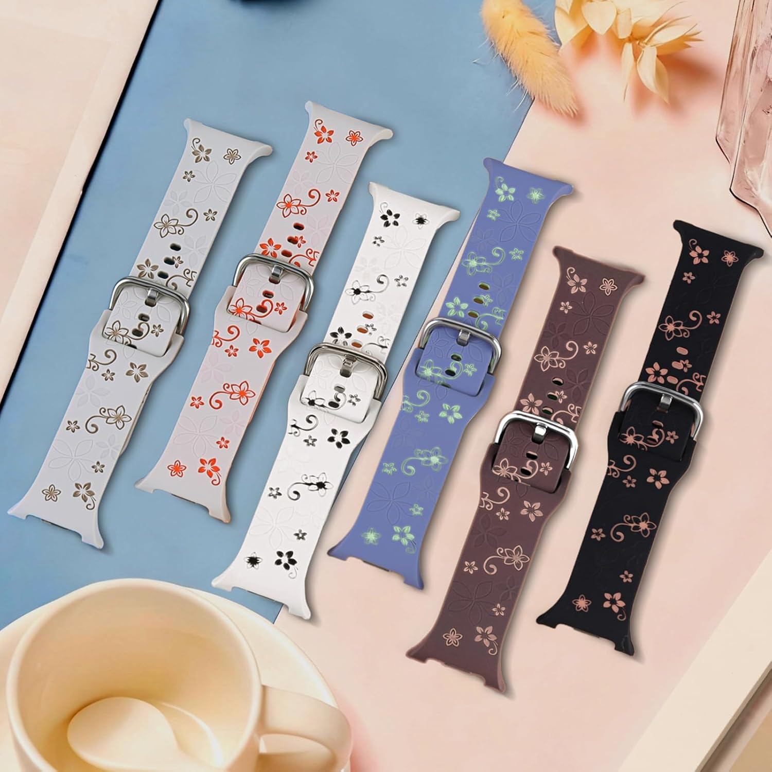 Flower Engraved Strap for Samsung Galaxy Watch 8 40Mm 44Mm/Galaxy Watch 8 Classic 46Mm Band Women,No Gap Soft Cute Floral Silicone Two-Tone Wristband - 01-Black Pink image number 3