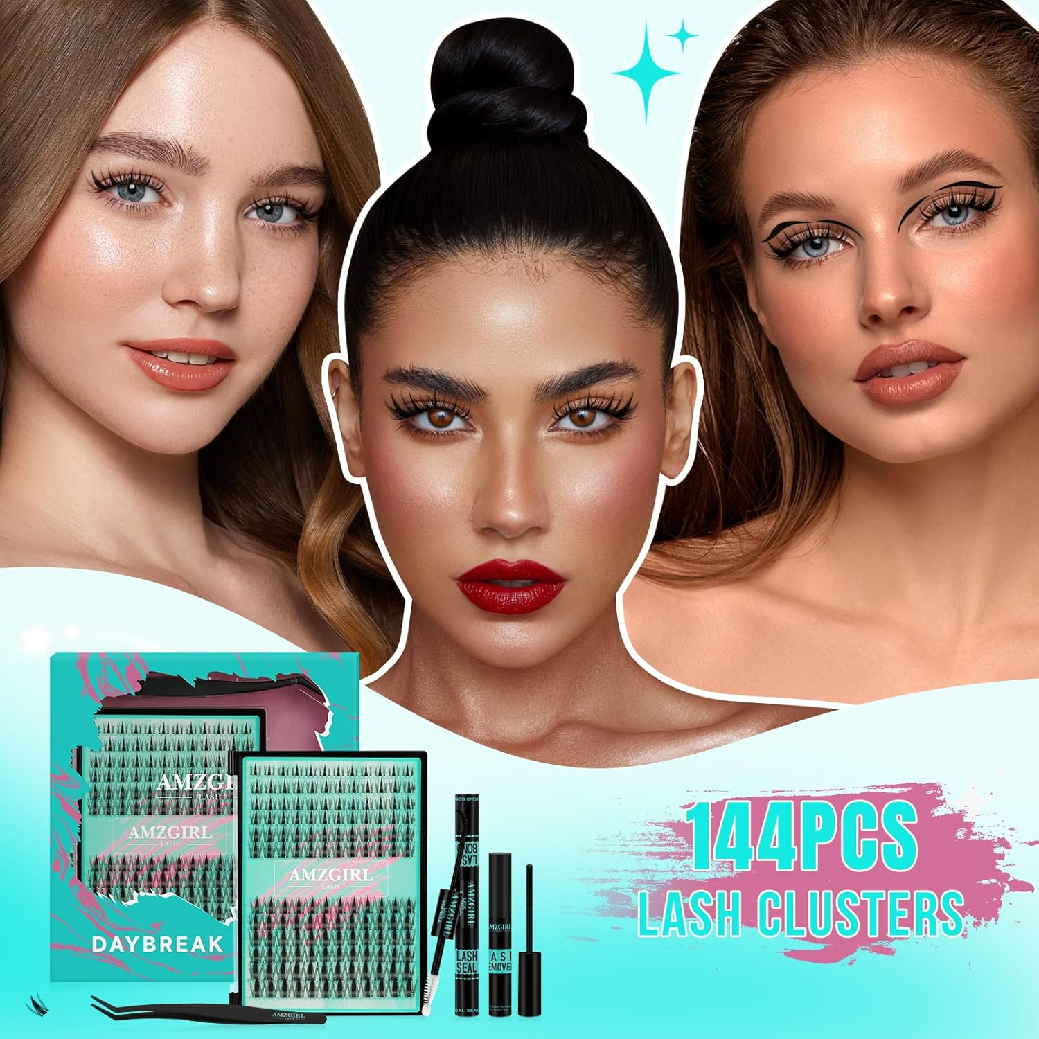 Manga Lash Clusters Kit 144PCS Fairy Eyelash Extension Kit with Bond and Seal, Fake Eyelashes Clusters with Invisible Lash Band, Glue Remover and Applicators (8-16Mm Kit,Black Bond) image number 4