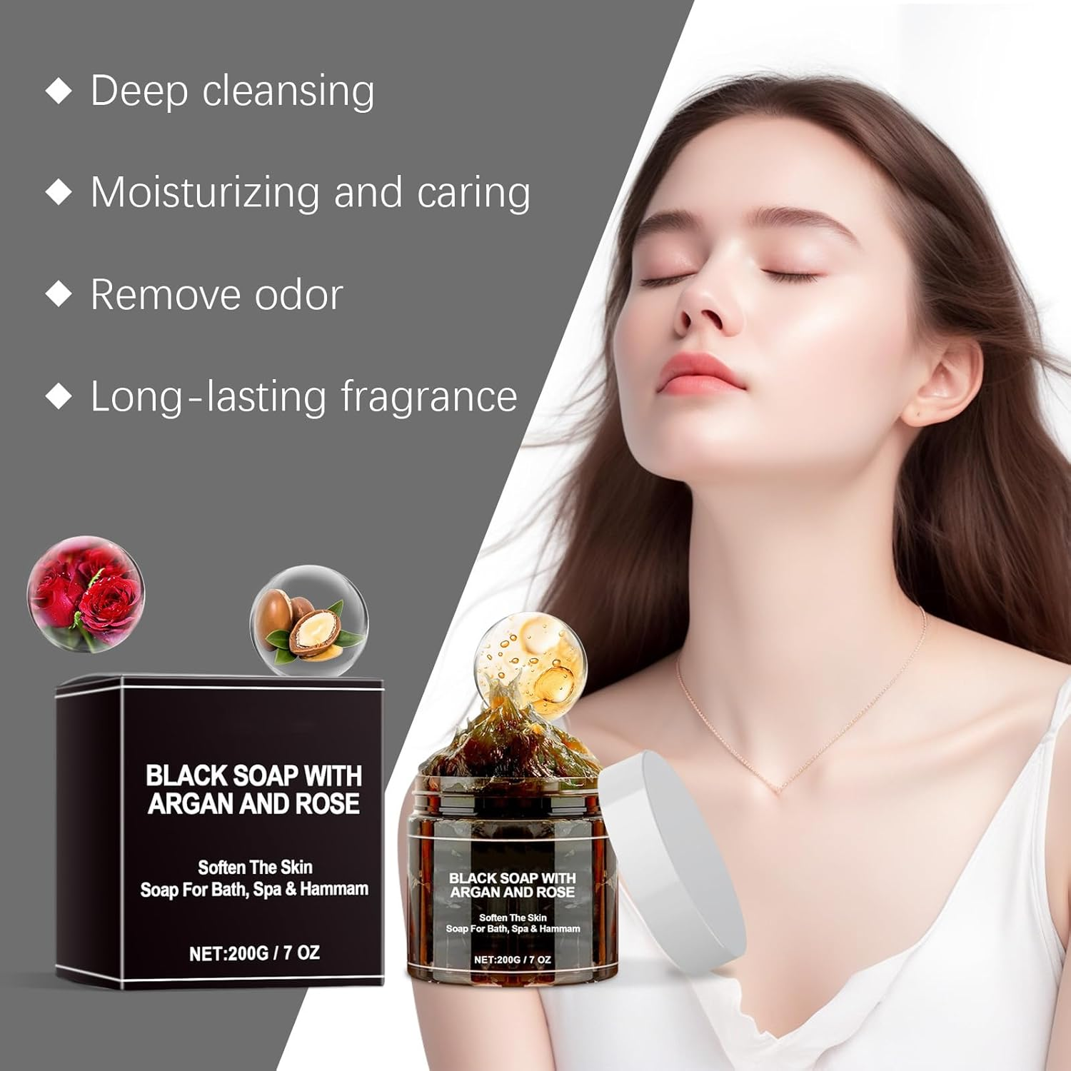 Black Soap with Argan and Rose, Exfoliating Body Cleanser, Gentle Cleansing, 100% Natural, Hydration & Moisturizing, Soften the Skin, Black Soap for Bath, Spa & Hammam, Fresh Fragrance (1Pcs) image number 2