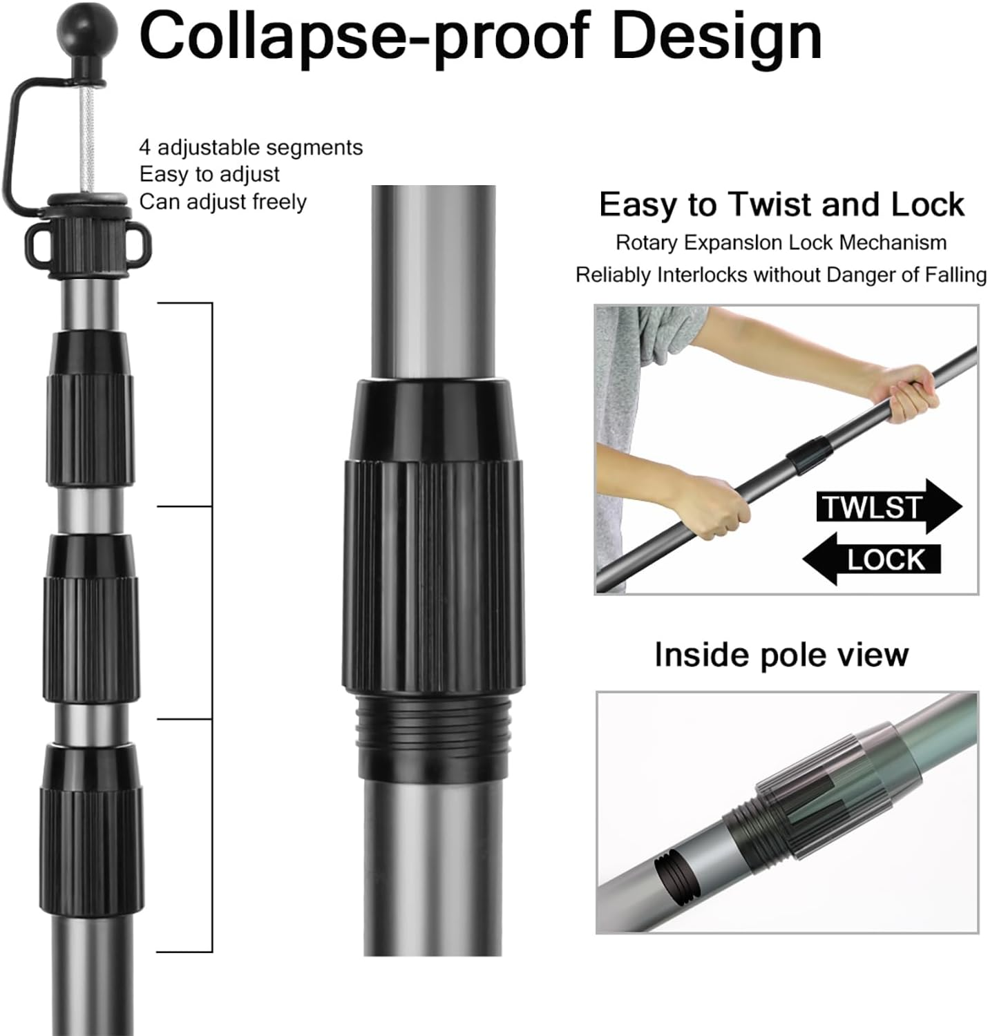 KOMCLUB Telescoping Tarp Poles 4 Section Adjustable Tent Poles for Tarp, Portable & 98.5In Lightweight Aluminum Tent Accessories Set of 2 &1 Bag (Gray) - Grey image number 2