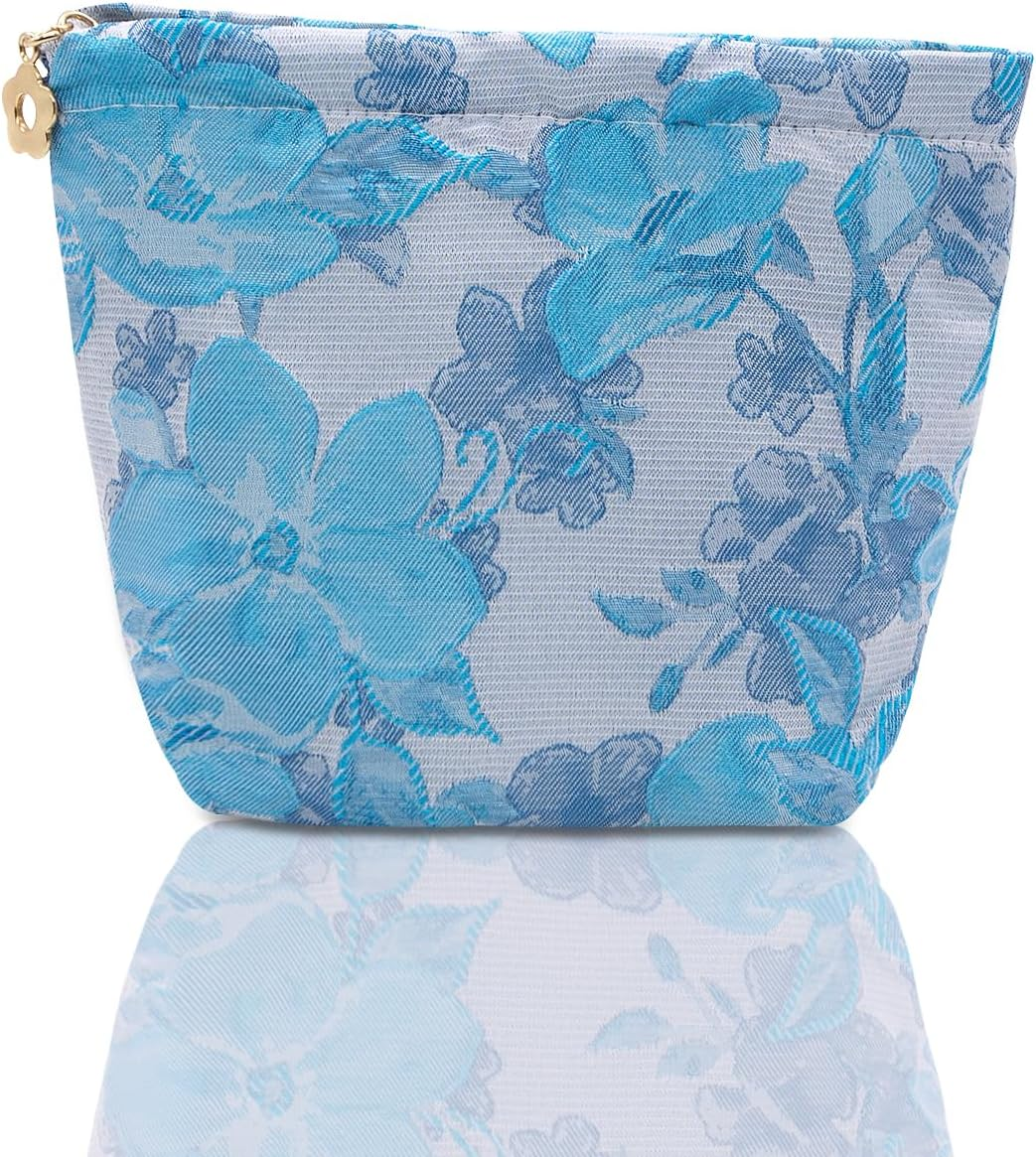LJCZKA Small Floral Makeup Bags,Mini Cosmetic Bag with Zipper Small Pouches for Purse Floral Travel Toiletry Bag for Women Girls Teen, Iceblue, Fashion