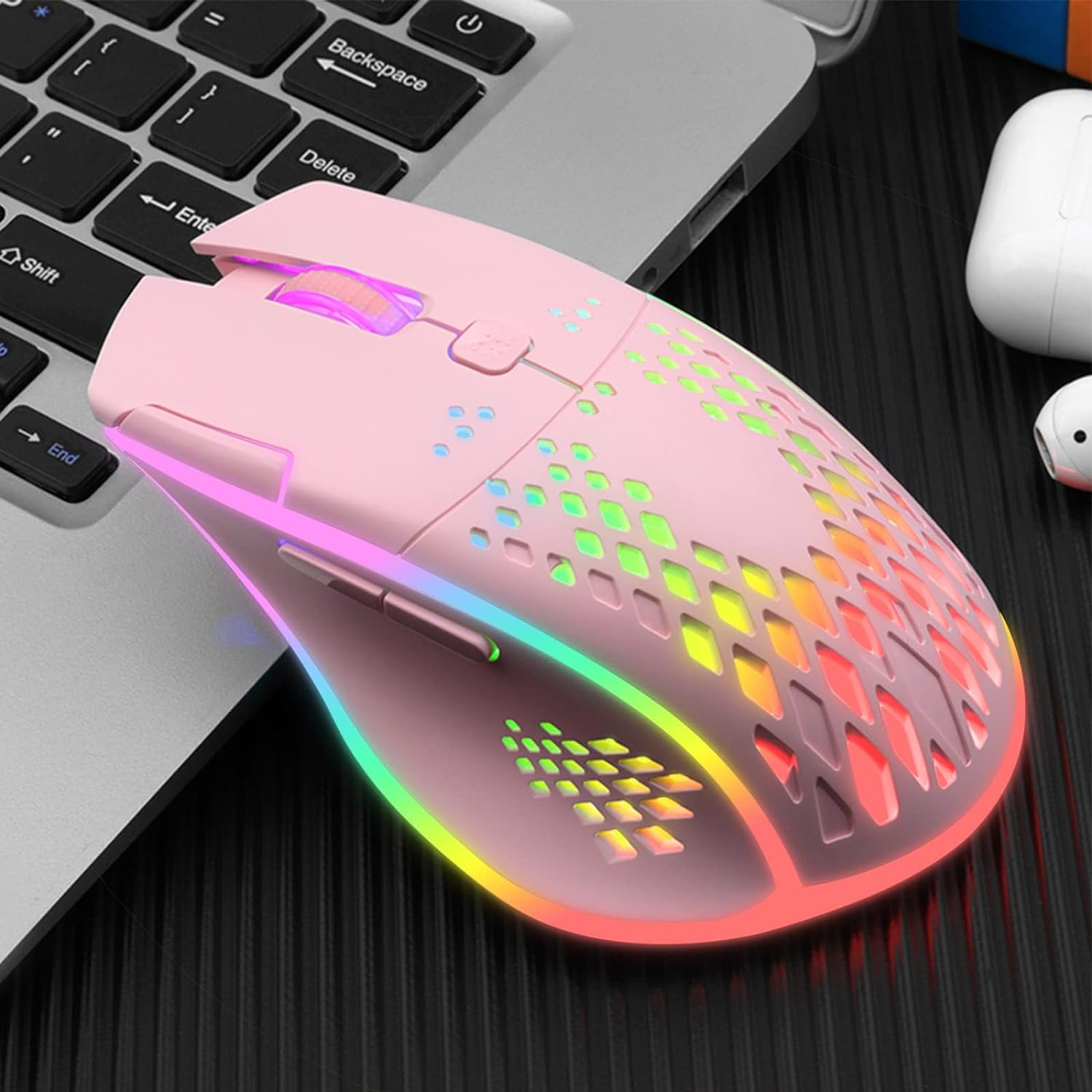 VEGCOO Gaming Mouse, Wireless Mouse Rechargeable Honeycomb Wireless Gaming Mouse with RGB Light/Usb Receiver/Usb Cable/Adjustable DPI, Optical Gaming Mice Mouse for Laptop PC Computer(Pink)