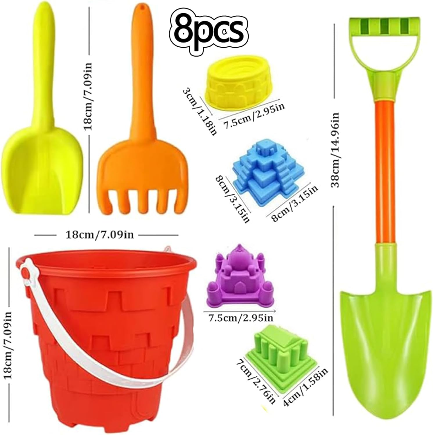 Beach Bucket 8Pcs Beach Toys for Kids Sand Toys Includes Bucket, Shovel,Rake,Sand Sifter Shovels, Castle Bucket and Shovel image number 2