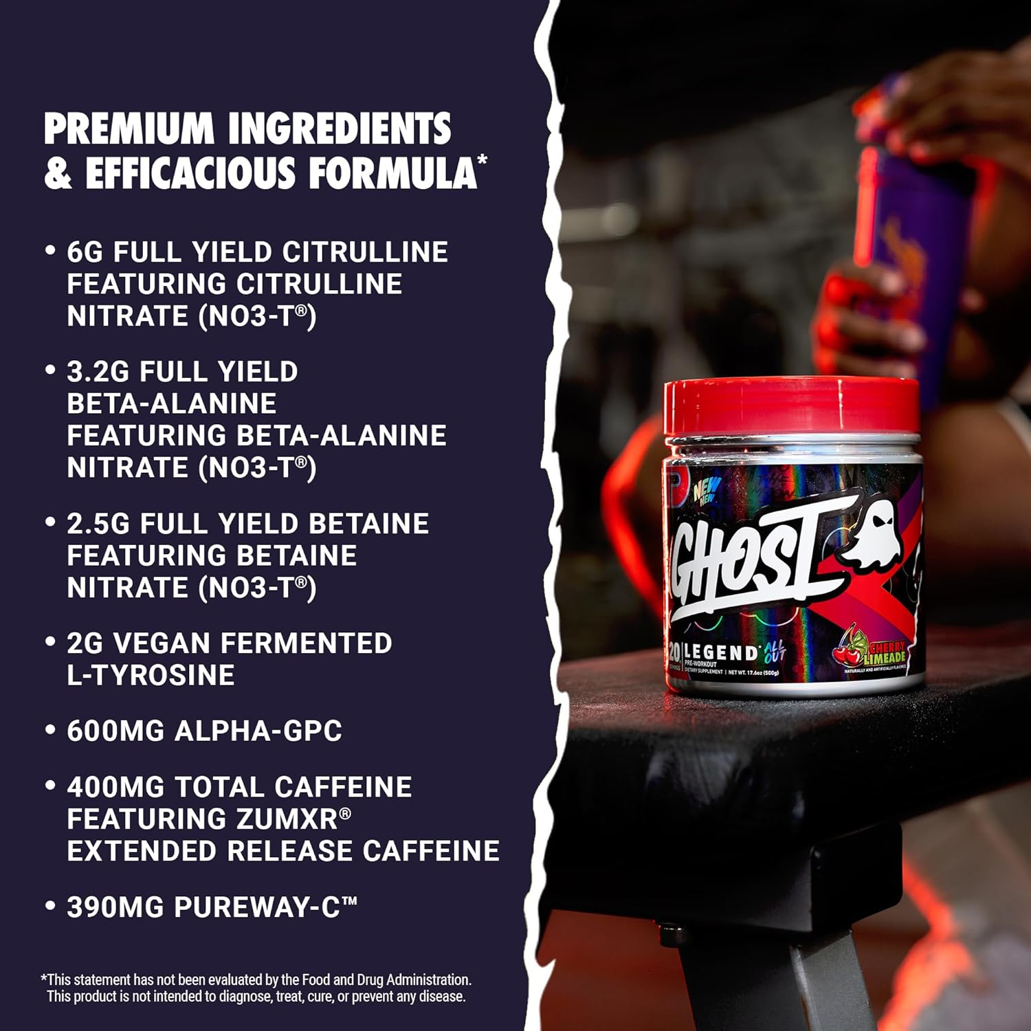 Ghost Legend All Out V2 20 Servings Pre-Workout Powder, Cherry Limeade image number 5