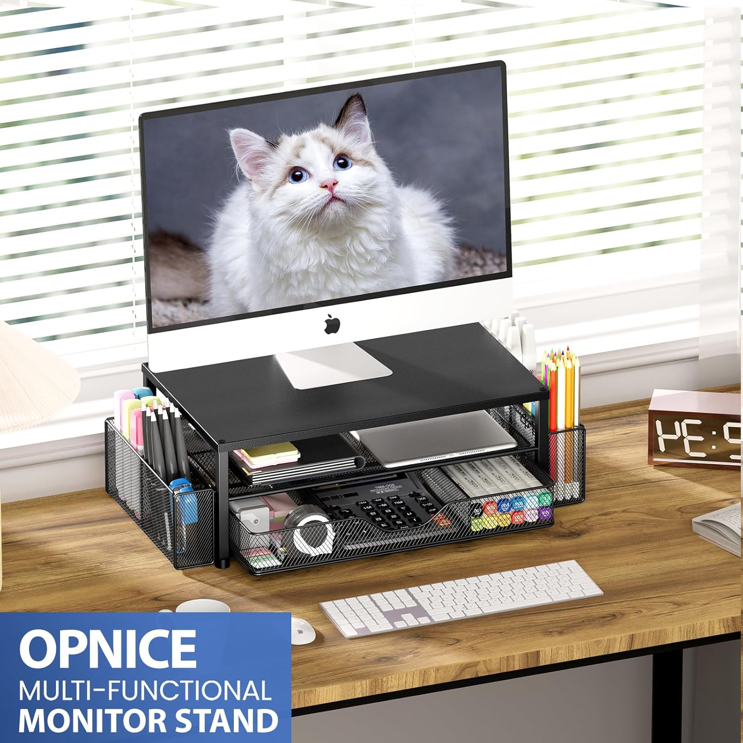 OPNICE Modern Minimalist 2-Tier Computer Monitor Stand with Drawer and 2 Pen Holders, Black image number 2