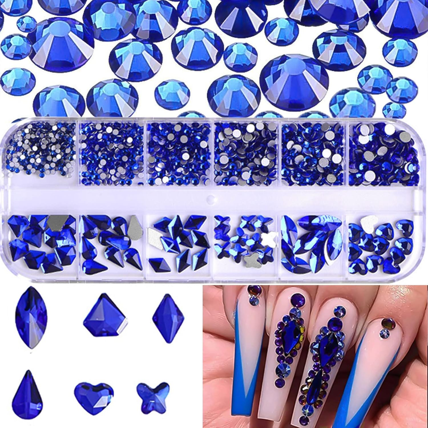 BELICEY Blue Nail Rhinestones Kit 800PCS Multi-Shape Rhinestones for Nail Design Crystals Decoration Nail Hearts Butterfly Charm Nail Dimond Gems Stone for Nail Art Jewels DIY Crafts Clothing - Colorful image number 3