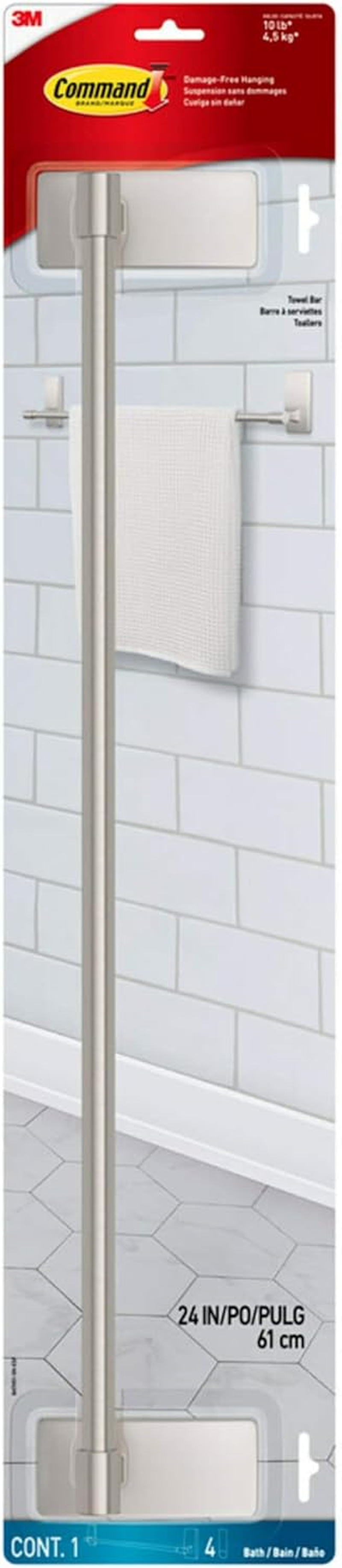 Command Bath Matte Black Towel Bar with Water Resistant Command Strips, Bathroom Organizer, 24 in Bar Length Holds up to 10 Lbs