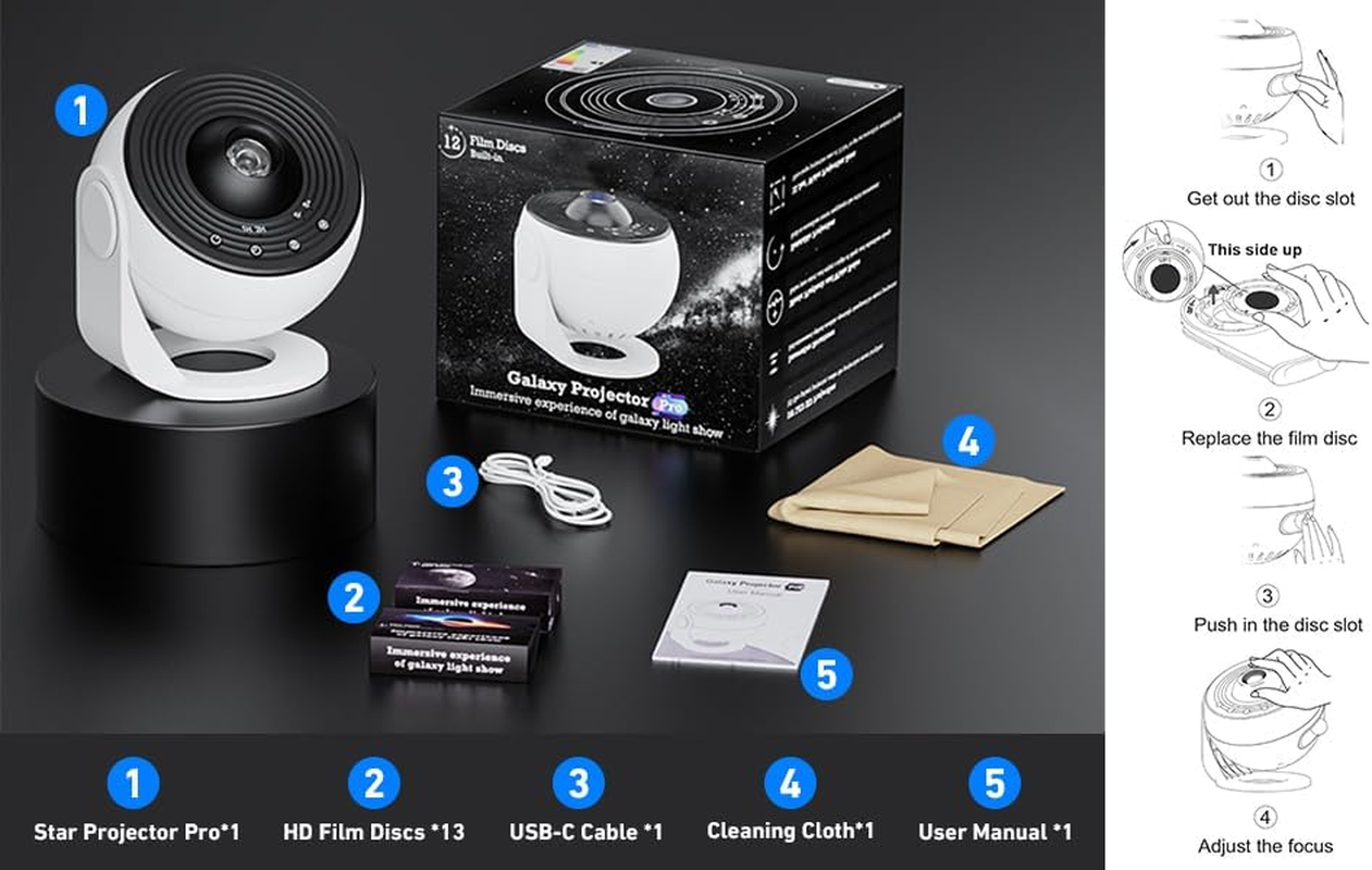 Galaxy Projector Pro/Star Projector/Night Lights with 12 Lights Film Discs/Zoom, Timer & Rotation Control, 3D Light Projector image number 1