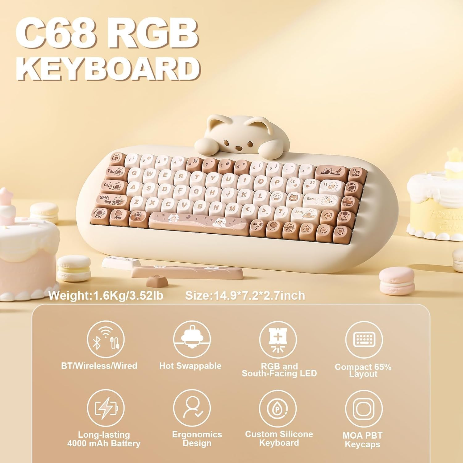 YUNZII C68 Wireless Mechanical Keyboard, 65% Gaming Keyboard Hot Swap,Triple Mode Bt5.0/2.4G/Wired,Rgb Backlit Nkro,Cute Cat Silicone Ergonomic Keyboard for Win/Mac（Milk Switch，Brown image number 5