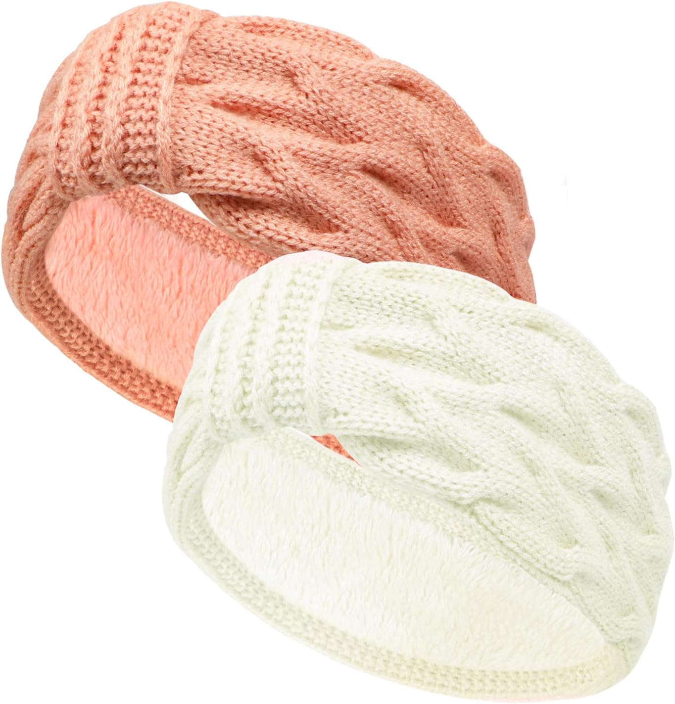 EYCLFY Women'S Winter Headband Women'S Winter Lined Fleece Hair Bands Elastic Headwrap Headband Crochet Women Hair Band Knitted Headband 2 Pieces (White + Pink) image number 2