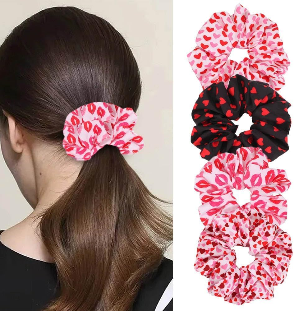 Heart Printed Hair Scrunchies for Girl, 4Pcs Valentines Hair Ties Heart Printed Hair Scrunchie,Valentine Red Lips Printed Hair Scrunchie,Valentine'S Day Hair Scrunchie Pink Red Heart Design Hair Ties image number 2