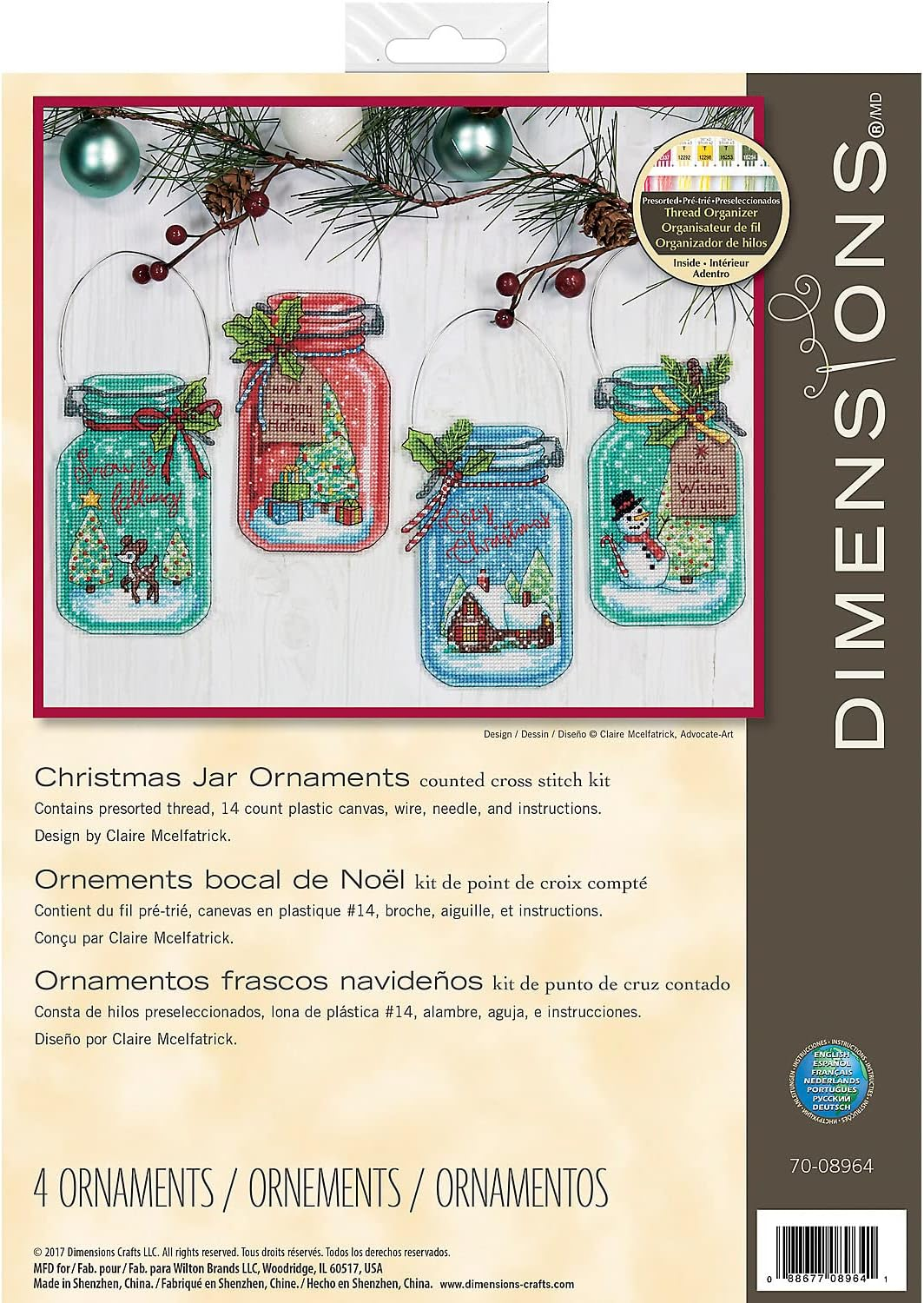 Dimensions Christmas Jar Ornaments Counted Cross Stitch Kit, 18 Cm