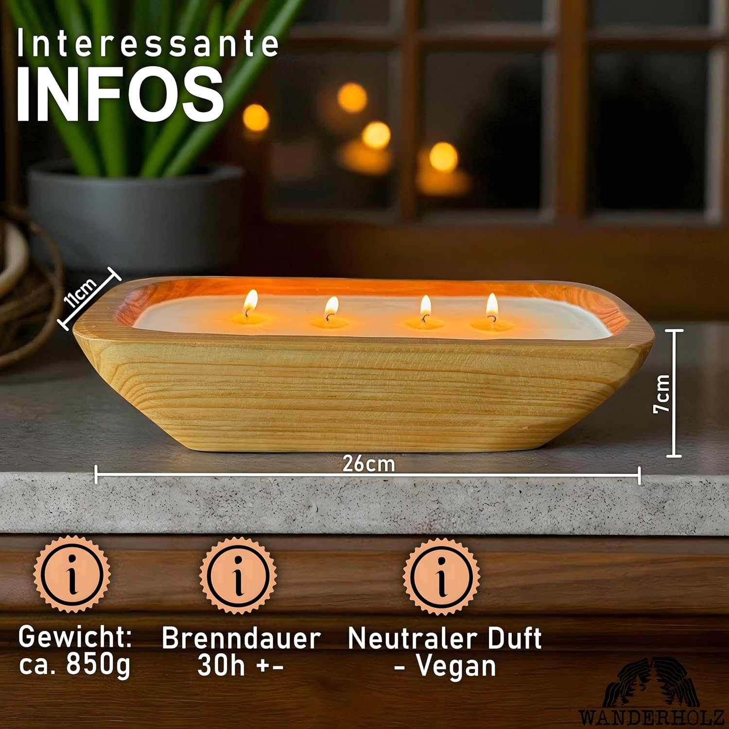 Wanderholz Soy Wax Candle in a Cedar Wood Bowl - Sustainable Multi-Wick Candle with Soy Wax Four-Wick Candle Wax Soy Candle Candles Gift Large Decorative Living Room Candle Decoration Modern image number 4