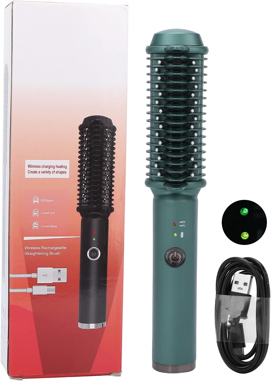 USB Hair Straightener Brush Comb Temperature Adjustable Hair Straightening Brush Wireless Portable Fast Heating for Travel Home Use Dark Green image number 4