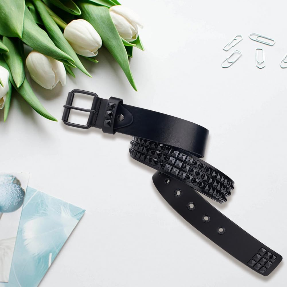 GORGECRAFT Black PU Leather Studded Rivet Belt 44.4 X 2 Inch Gothic Punk Rock Bright Metal Alloy Pyramid Studs Grommet Threads Belts, Black image number 1