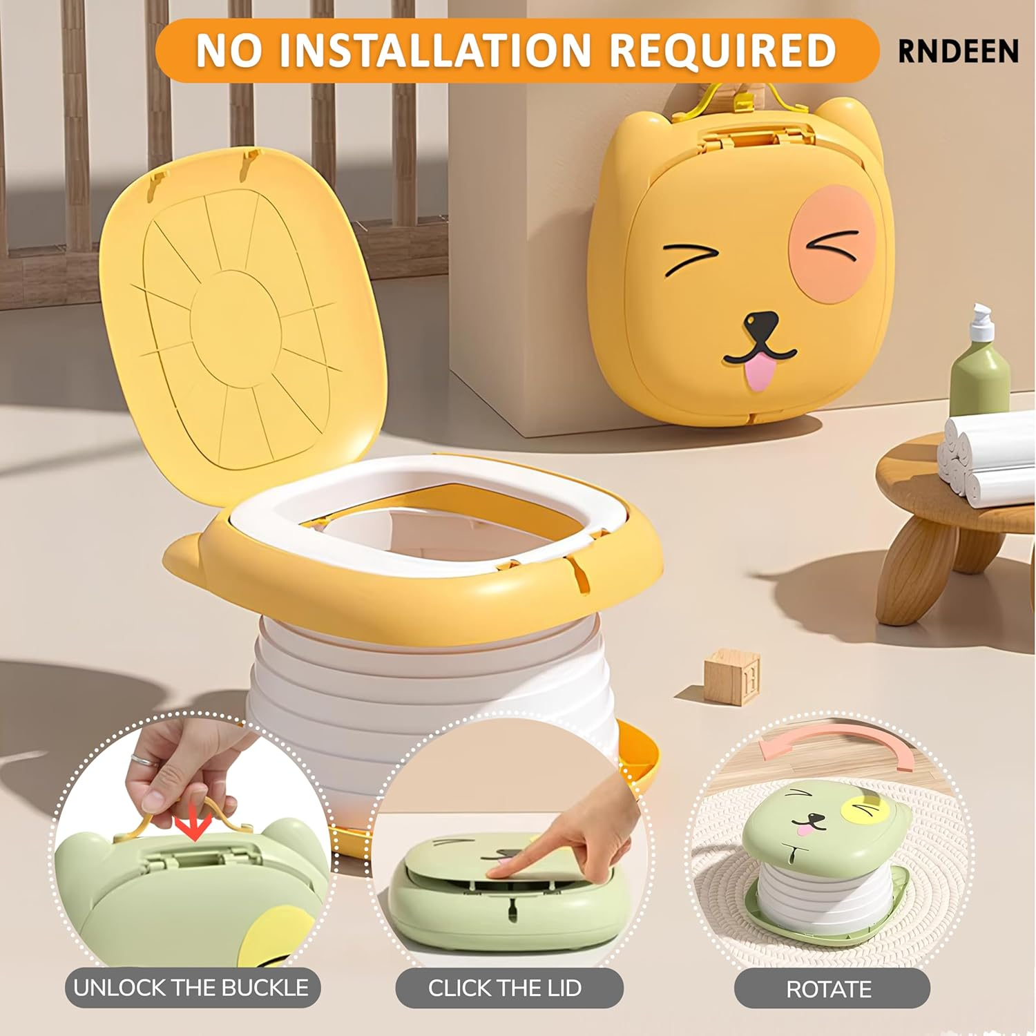 Rndeen Portable Travel Potty for Baby & Toddlers (0-4 Years)-Foldable,Comfortable Emergency Toilet Seat with Storage Bag,Convenient to Keep Clean & Carry&ndash;Ideal for Car,Camping,Park & Travel (Yellow) - Pink image number 4