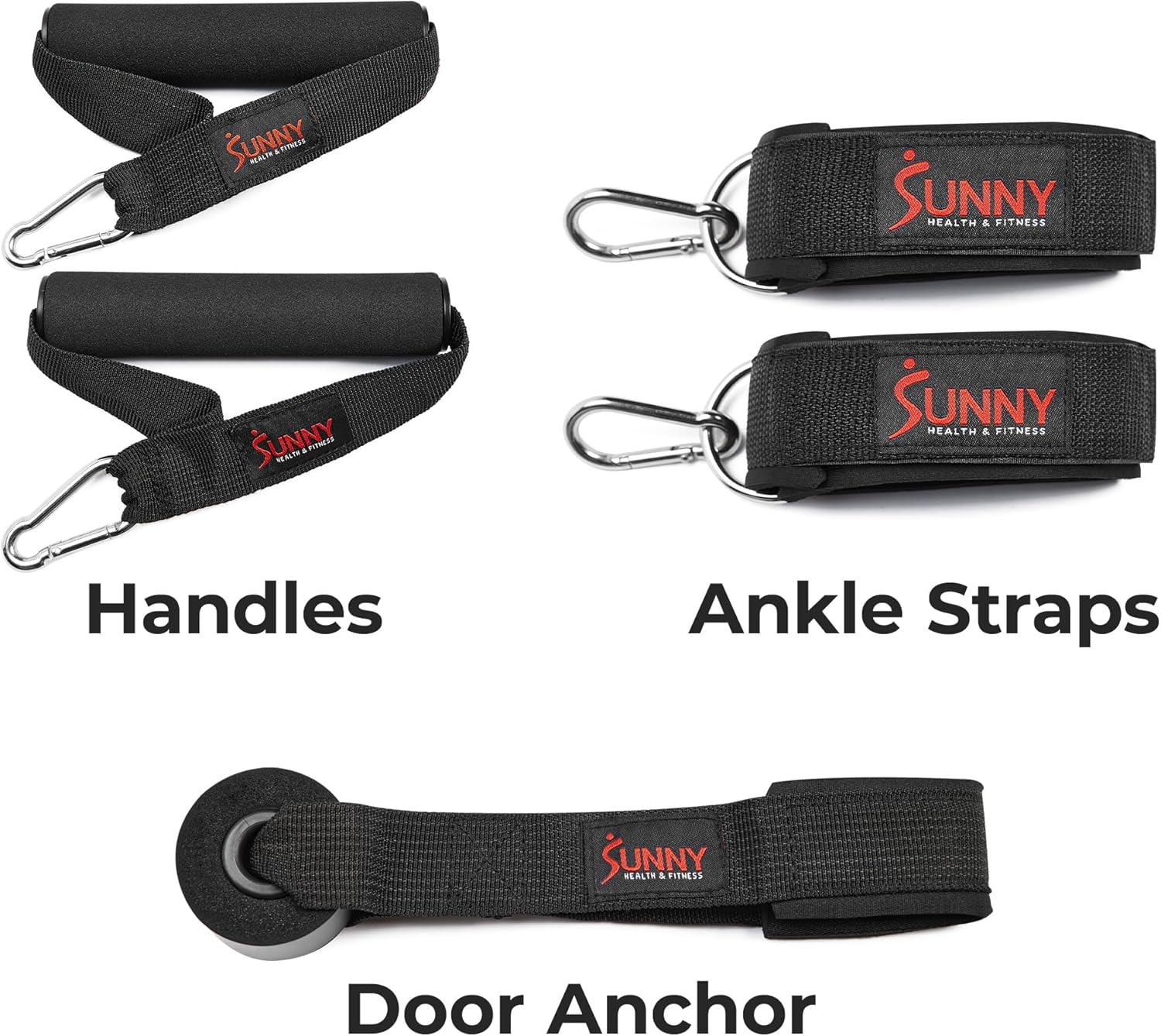 Sunny Health & Fitness Premium Resistance Band Set with Door Anchors, Wrist Straps, Handles Carry Bag Optional Padded Ankle Straps (Pair) for Strength Training, Booty Workout, Lower Body Exercises image number 3