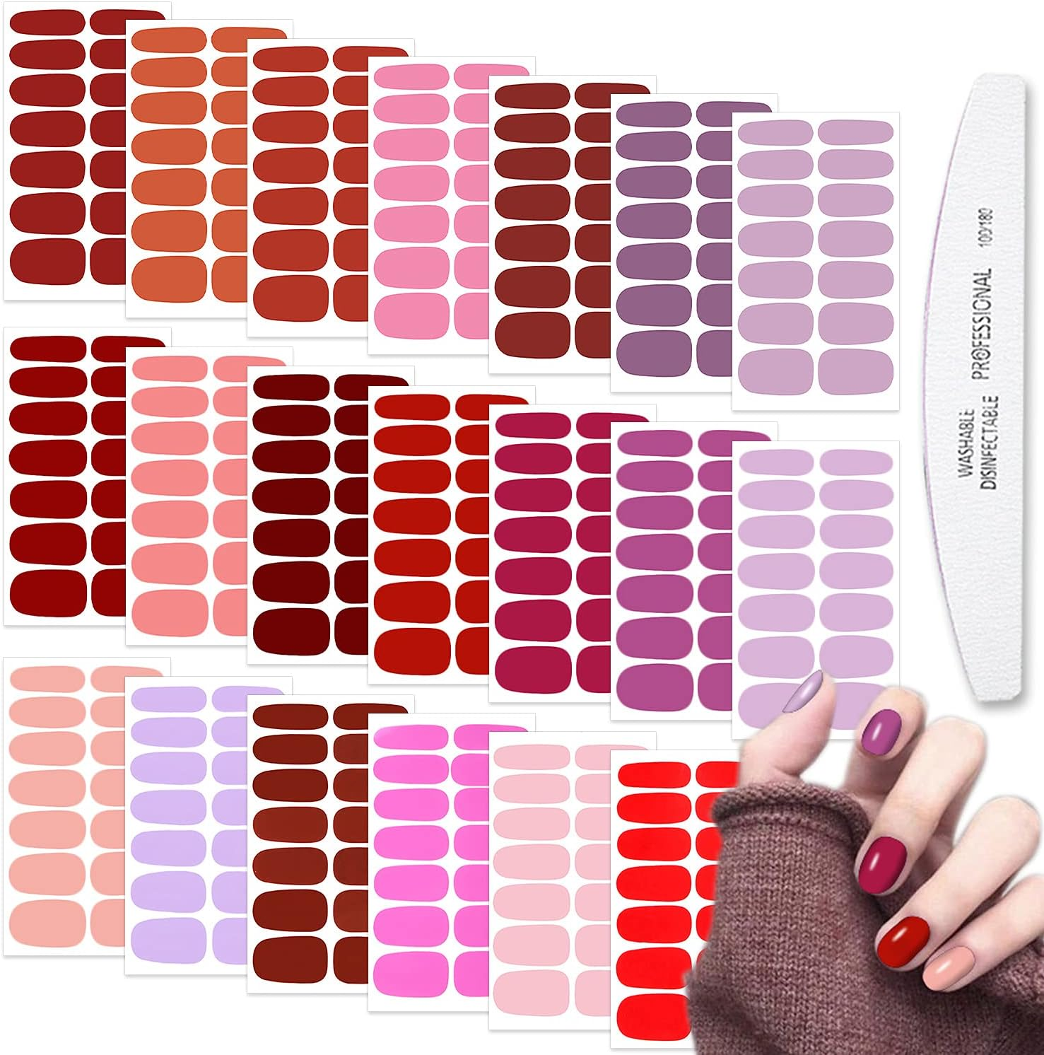 WOKOTO 20 Sheets Red Series Solid Color Full Nail Wraps with Nail File Self-Adhesive Nail Polish Stickers Real Nail Polish Strips for Women Stick on Nails Strips