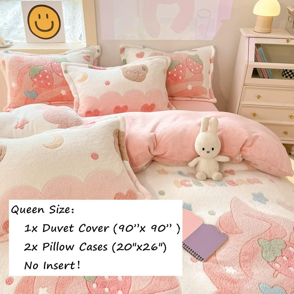 Pink Strawberry Duvet Cover Set Fluffy Duvet Cover Kawaii Cartoon Comforter Cover Soft Kids Duvet Cover Queen Bedding Set (Strawberry, Queen) image number 4