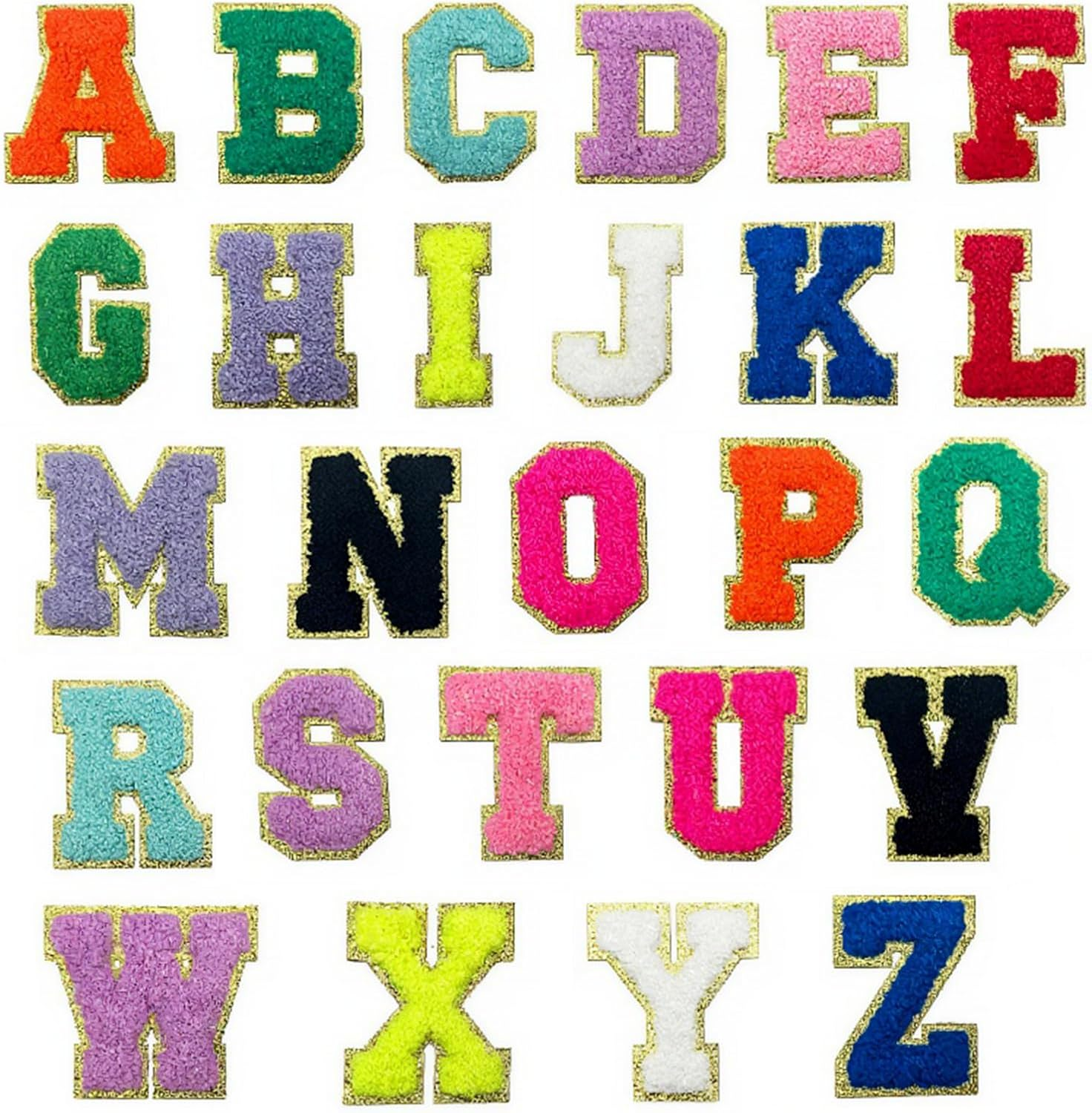 26Pcs Chenille Letter Patches A-Z for DIY Clothing, Fabric, Shoes, Bags &ndash; Self-Adhesive Decorative Iron-On Patches with Gold Trim, Premium Quality (Red)&ndash; Ruibex