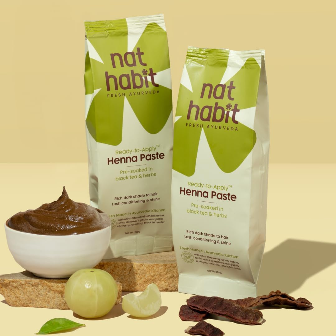 Nat Habit - Fresh Ready to Apply Henna Paste, Pre-Soaked in Black Tea and Herbs,100% Natural Rajasthani Henna, Imparts Rich Brown Shade (Pack of 2 X 220G) image number 5