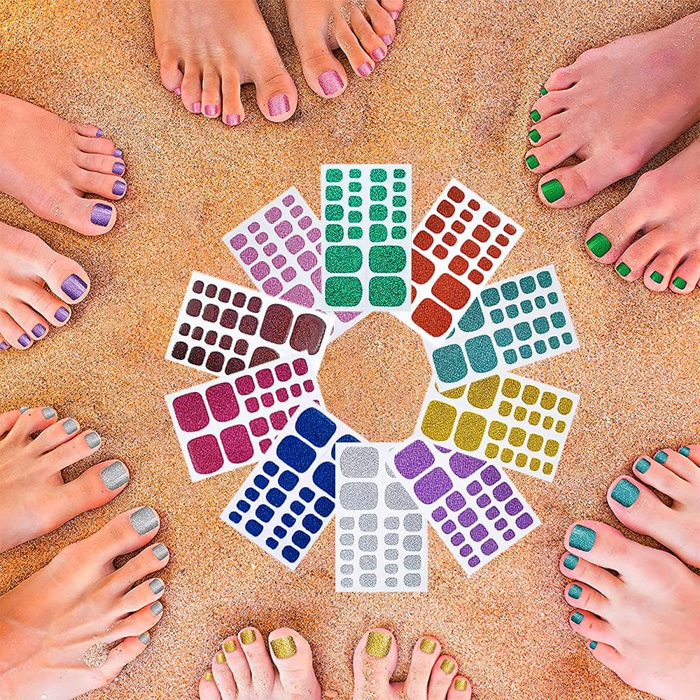 10 Sheets Toe Nail Polish Stickers Glitter Toenail Nail Polish Strips Decals Full Wraps Self Adhesive Toe Nail Tip Full Toe Nail Wraps for Women Girls DIY Nail Decor Art image number 2