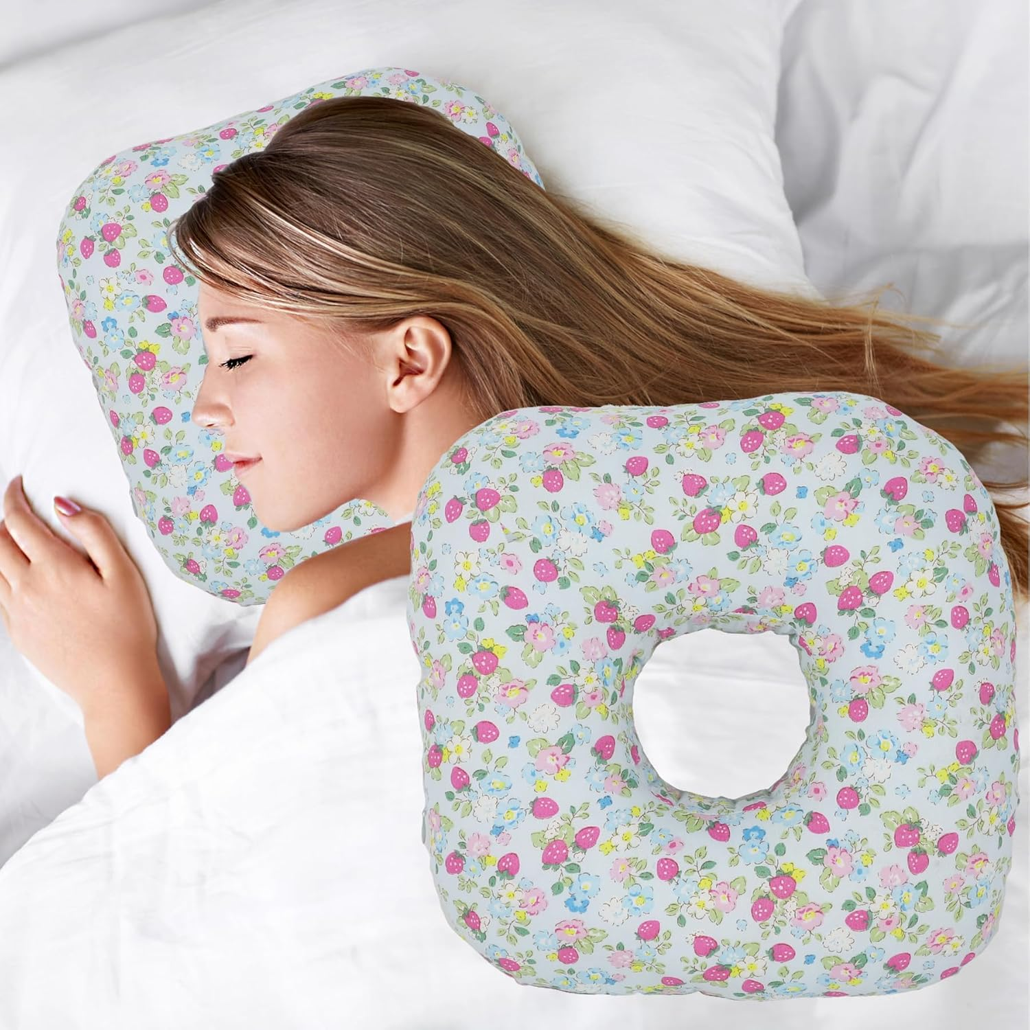 Ear Piercing Pillow for Side Sleepers, Pillow with an Ear Hole for CNH and Ear Pain Ear Inflammation Pressure Sores, O-Shaped Side Sleeping Pillow, Ear Guard Pillow (Blue Iris Flowers)