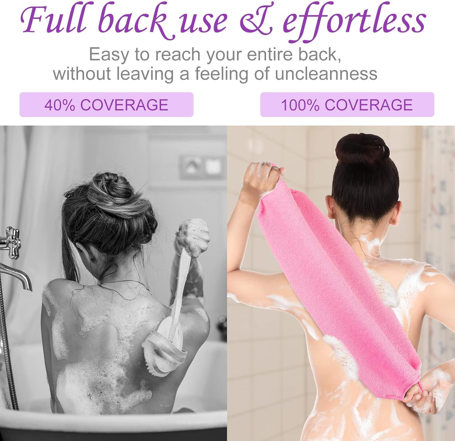 PAOFUFUI Exfoliating Back Scrubber with Handles 4 Pack Nylon Back Exfoliator Extended Length Washers Scrubbers Stretchable Pull Strap Exfoliating Washcloth (Pink,Blue,Fluorescent Green,Purple) image number 3