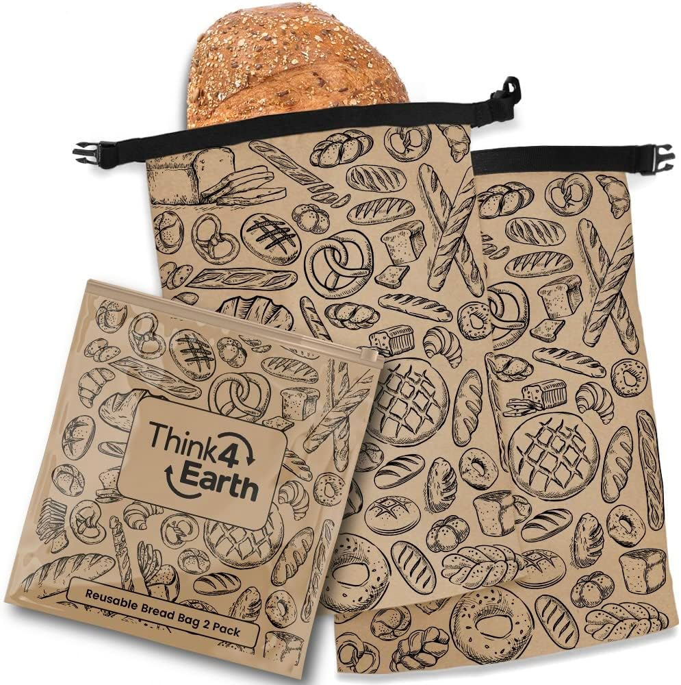 THINK4EARTH - 2 Pack Bread Bags, Reusable Food Storage Bags for Homemade Bread Loaf, Freezer Bread Storage with Double Lining. (Brown)