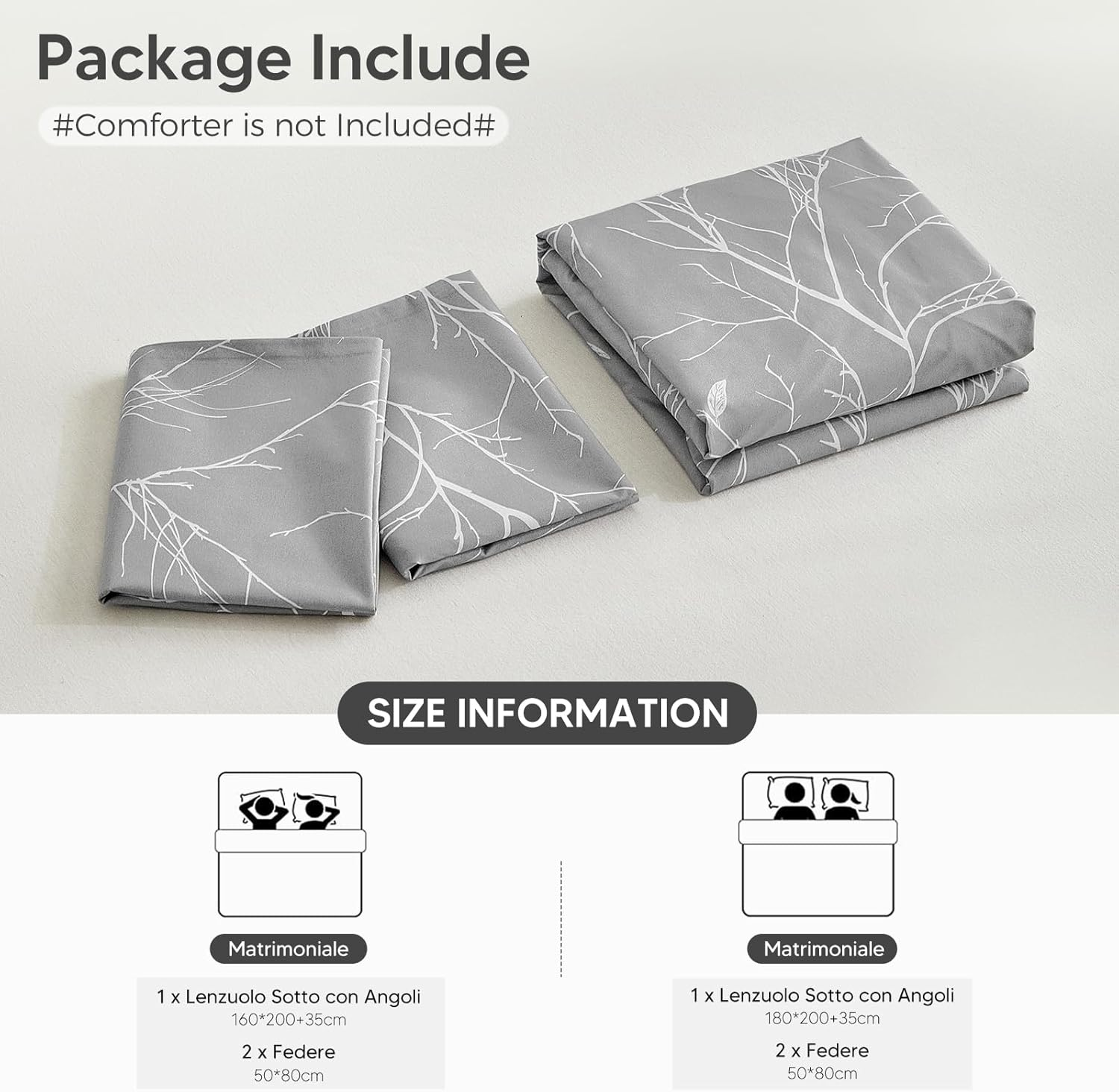 Tokokimo Fitted Sheet 160 X 200 Cm, 35 Cm Large Pockets with 2 Pillowcases 50 X 80 Cm - Soft, Double-Sided Microfibre Duvet Cover with Branch Motif, Grey/White image number 1