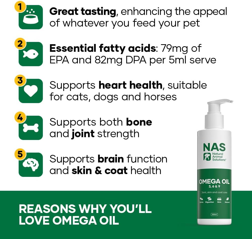 Natural Animal Solutions Omega Oil for Dogs and Cats. Omega 3, 6 & 9 Fish Oil for Dogs with EPA & DHA for Digestion, Healthy Joint, Skin and Coat. Liquid Dog Fish Oil Supplement, 500Ml