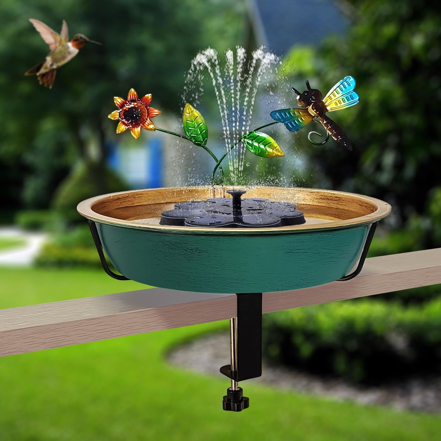 Deck Bird Bath for Outdoors, 13 Inch Large Green/Bronze Metal Birdbath Bowl with Adjustable Big Steel Clamp Backyard Birdbath Bird Feeder for Railing Balcony Fence Yard Art Garden Decor image number 1
