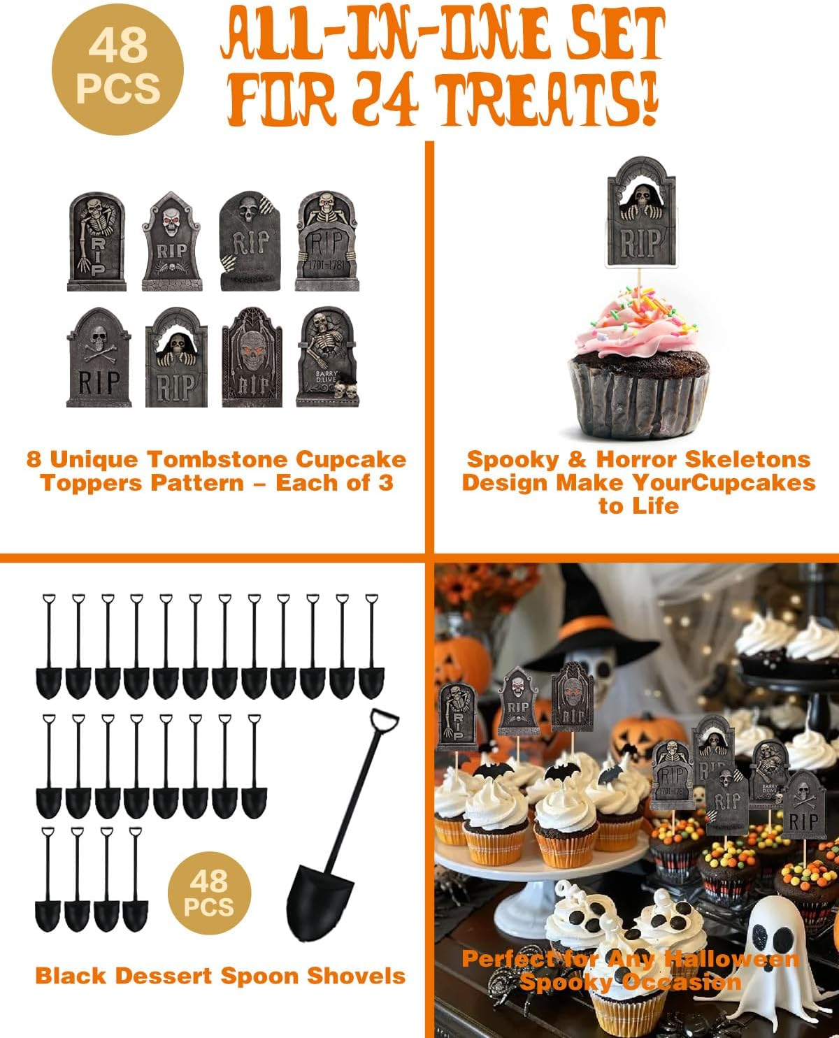 48PCS Halloween Cupcake Toppers with Novelty Mini Shovel Spoons,Tombstones Graveyard Cupcake Toppers Cake Decorations for Halloween Party Birthday Party Decoration Supplies image number 1