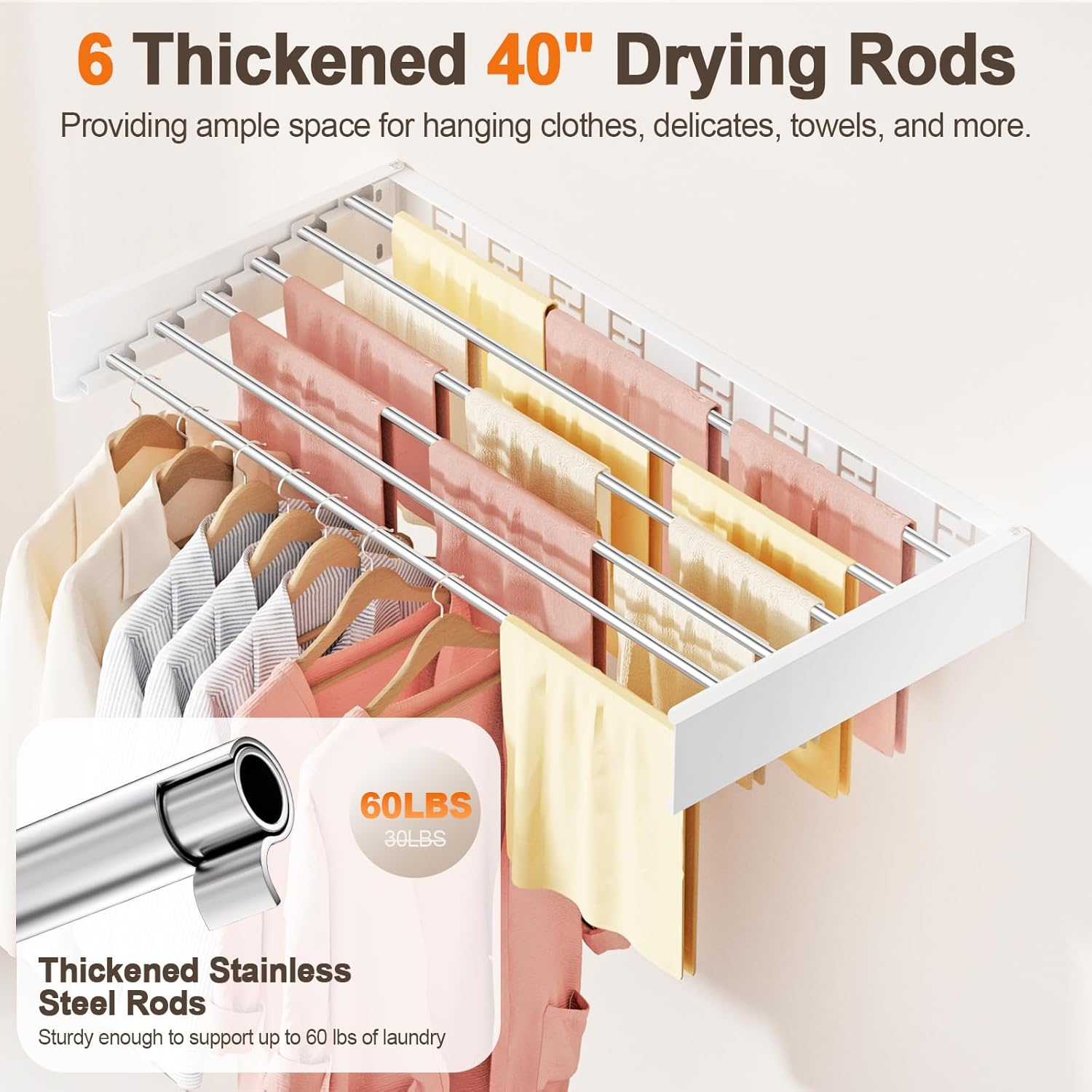 Vasunray Wall Mounted Clothes Drying Rack Folding Indoor, Foldable Laundry Drying Rack Collapsible,Invisible, Space Saving, Retractable Towel Drying Rack, with Wall Template(6 Drying Rods, White 40") image number 6