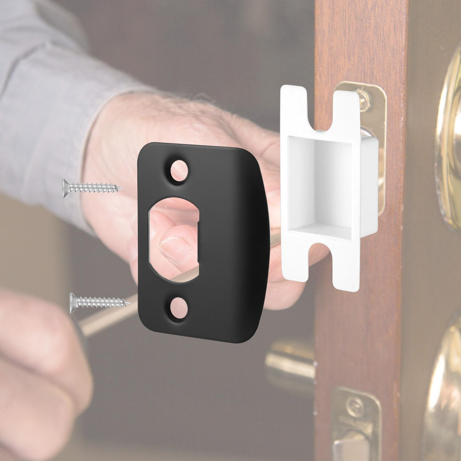 1 Set Door Strike Plate, Standard Door Latch Restorer Striker Lock Plate Heavy Duty Latch Reinforcement Plate Security Hardware for Home Office Store Exterior Interior Door Repair Fix (Black) - Black image number 3