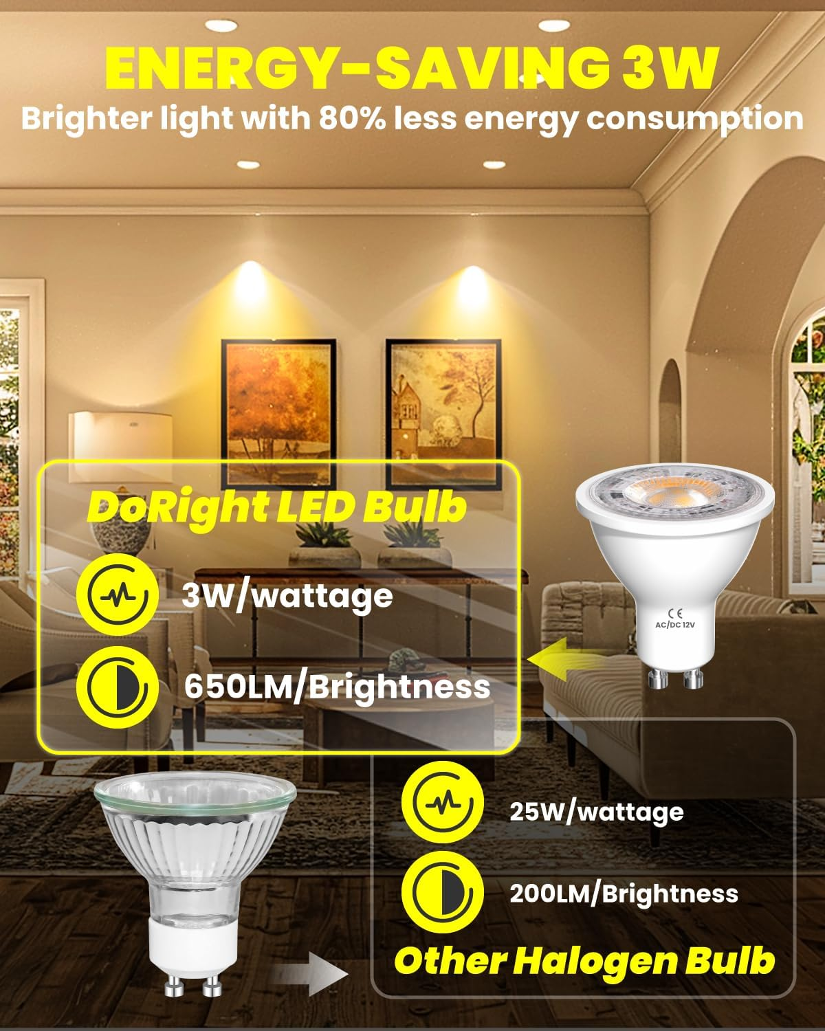 Doright AC/DC 12V GU10 LED Bulbs Warm White 3000K,3W MR16 GU10 LED Spot Lights 300LM 25W Halogen Spotlight Equivalent 38&deg;Beam Angle, Non Dimmable, Pack of 4 image number 4