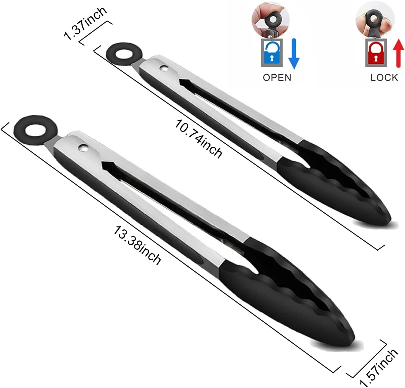 2-Pack of 9" (Small) & 12" (Large) Kitchen Tongs Set: Non-Stick Silicone-Stainless Steel Cooking Tongs, BPA Free, Heat Resistant (480&deg;F) - Non-Slip Grip & Locking Metal Food Tongs (Black)