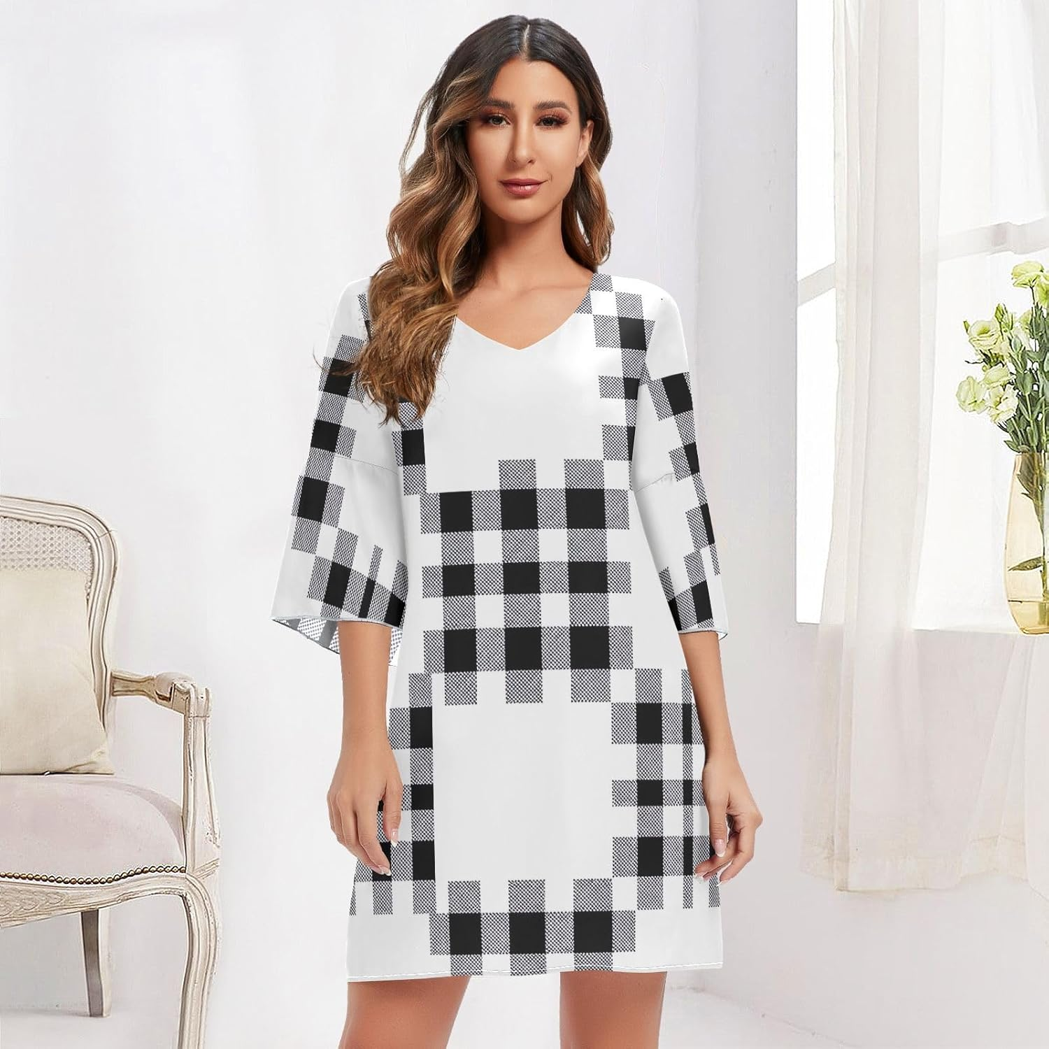 Buffalo Plaid V Line Dress Printed Maternity Dress Party image number 3