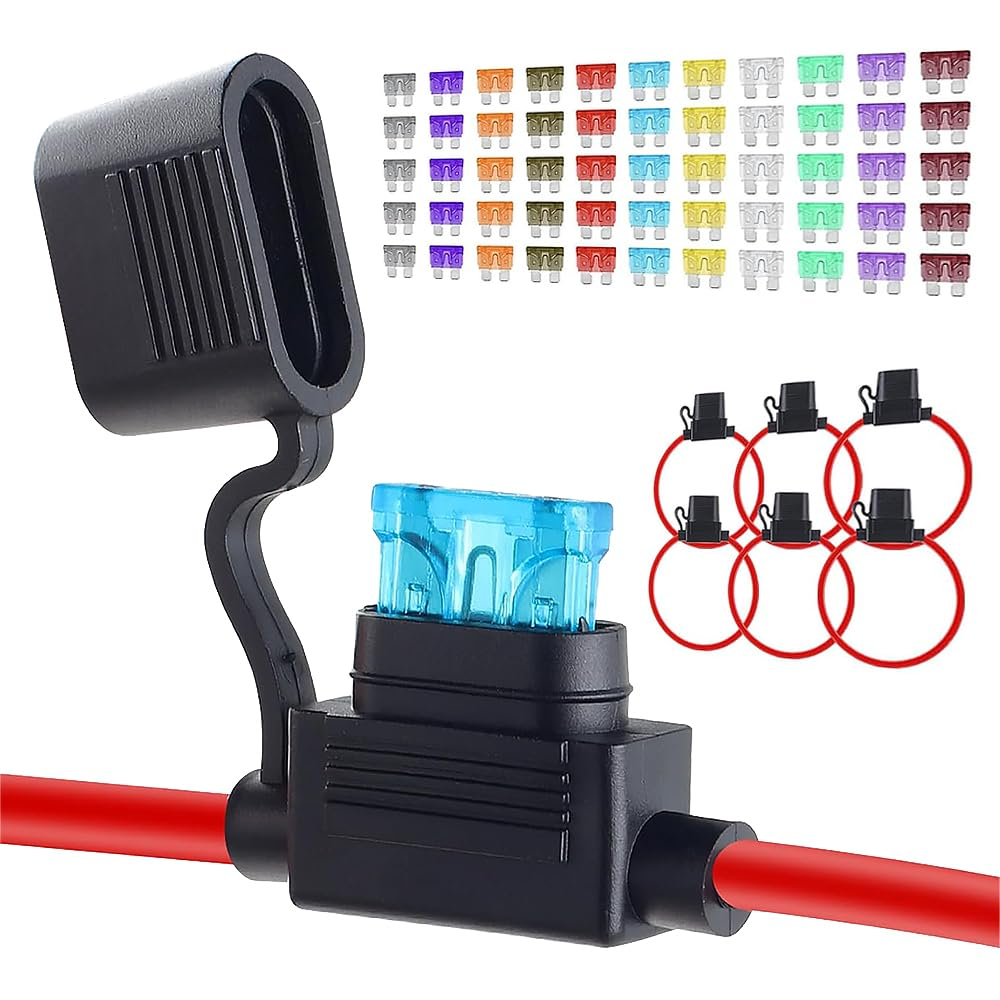 Upgraded 12 AWG Waterproof Fuse Holder with 55 Pcs Standard Car Auto Fuses, 6 Pack Inline Fuse Holder 32V Line Fuse Holders for Marine Auto (Medium)