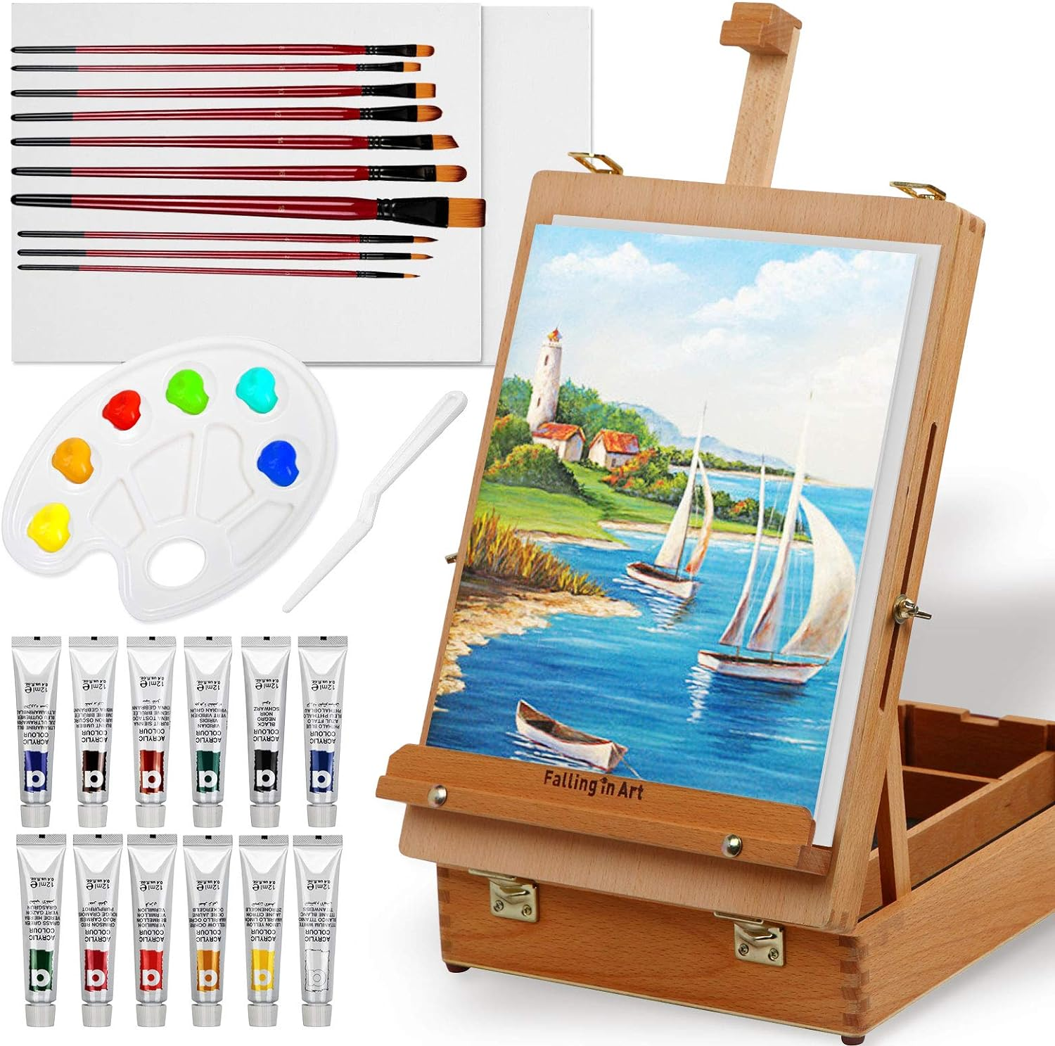 Falling in Art 29 Piece Acrylic Painting Set of 12 Colors with Portable Table Easel Box, Canvas Panels, Brushes, Palette and More image number 1
