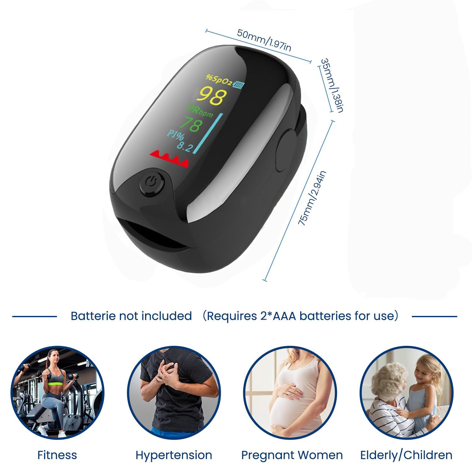 Fingertip Pulse Oximeter, One-Button Blood Oxygen Monitor Pulse Rate Monitor Lanyard, with Color LCD Screen