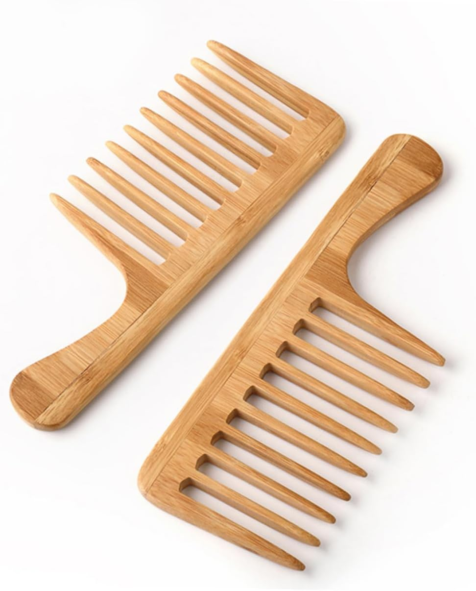 Minkissy 2Pcs Bamboo Wide Tooth Comb for Men Women for Curly Thick Long Hair Detangling Styling Vintage Hair Styling Essential for Home Travel Business Reduces Breakage image number 1