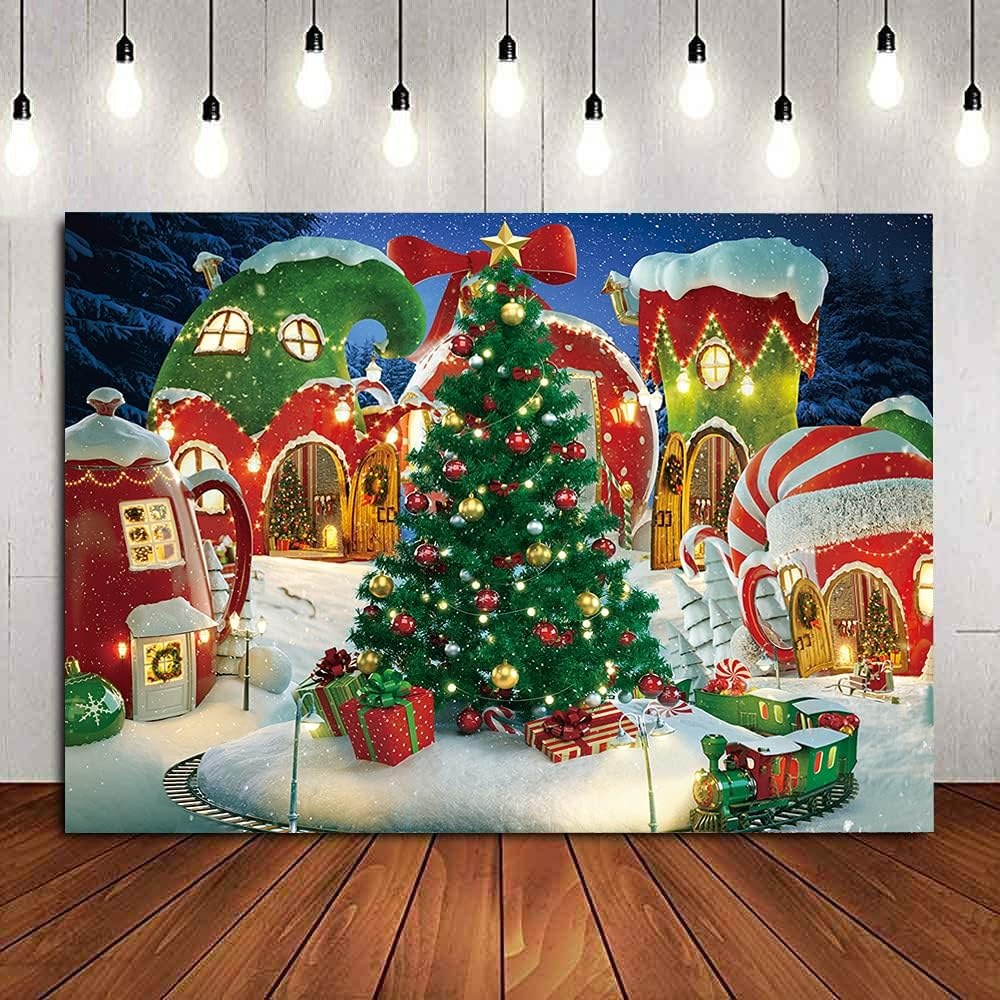 Cartoon Christmas Village Photography Backdrop Winter Snow Pine Tree Background Xmas Fairy Tale Animated Kid Party Photo Booth Banner Supplies (8X6)