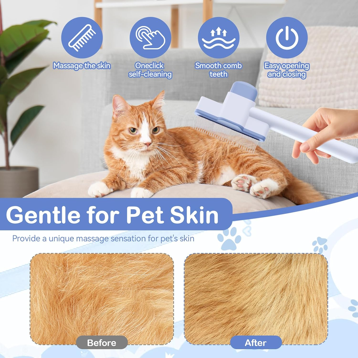 Pack of 2 Fellblitz Cat Brush, Self-Cleaning Flea Comb for Pets, Stainless Steel Metal Teeth Comb, Durable Flea Comb for Cats Dogs with One Button, for Cleaning Loose Knotted Fur image number 5