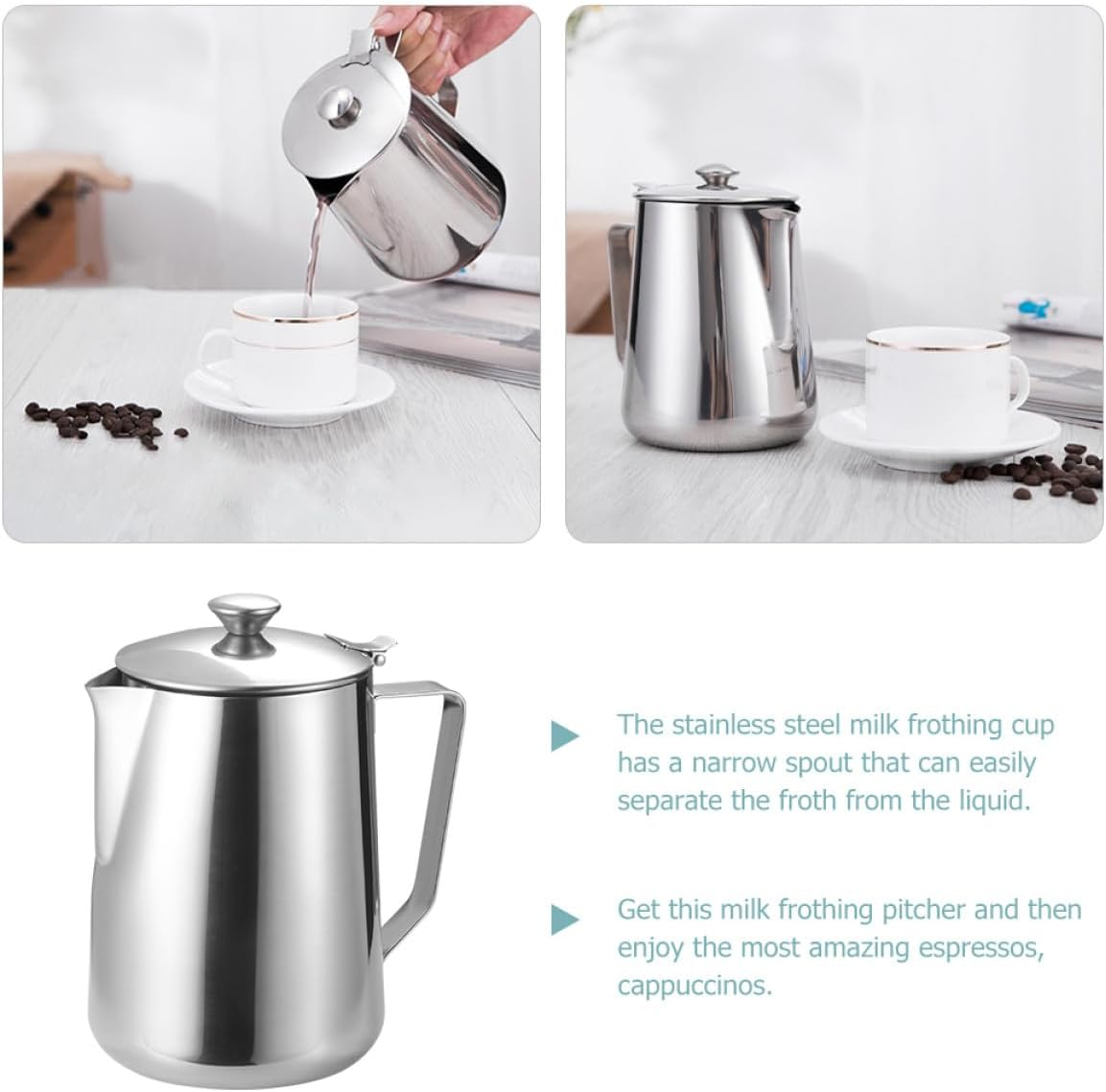 BESPORTBLE 1L Stainless Steel Milk Frothing Pitcher Latte Cup with Scale, Metal Espresso Milk Steamer Jug for Induction Cooker Coffee and Tea Brewing image number 1