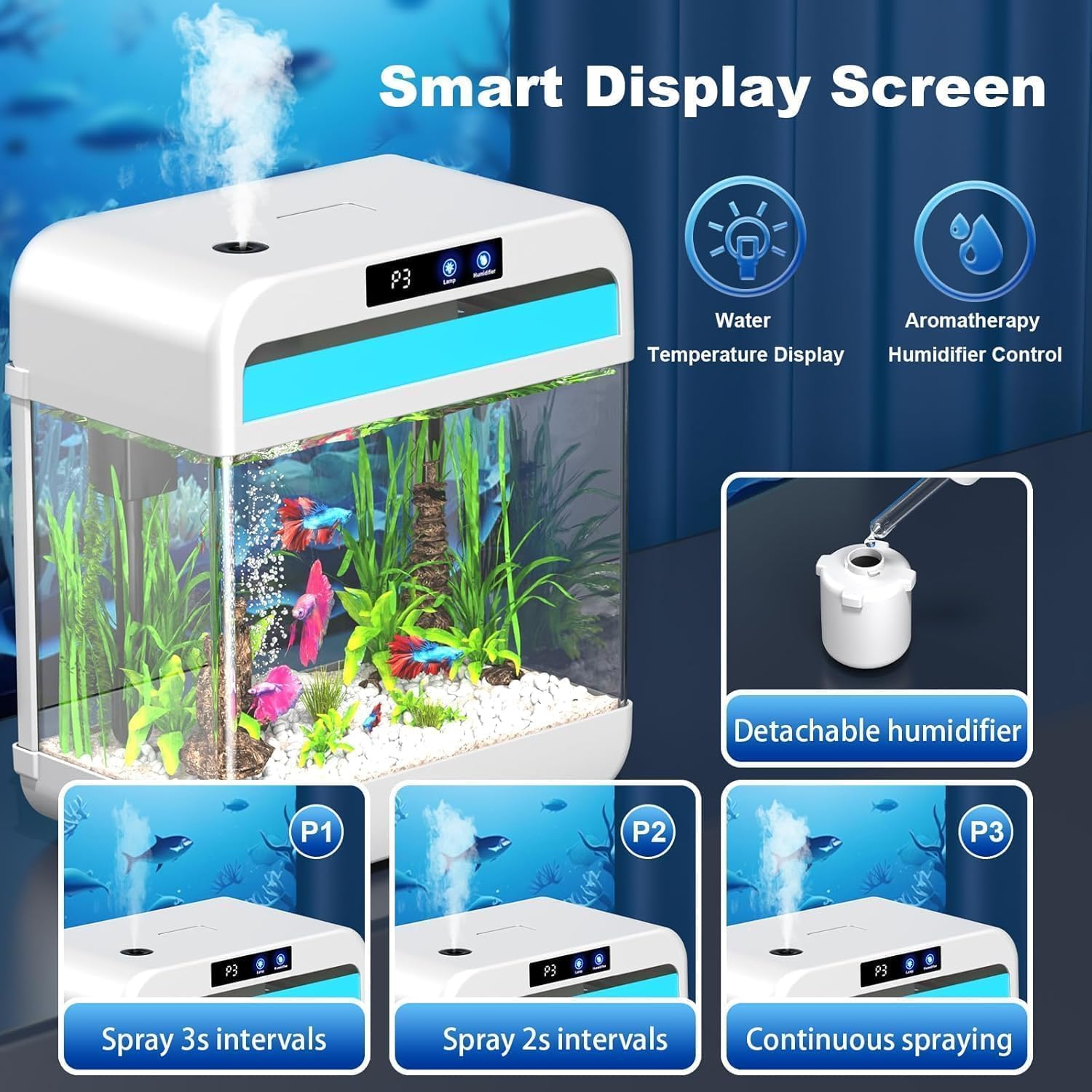 MINYII Fish Tank Aquarium 2.2 Gallon with Humidifier 7 Color Looping Light with Timer Self-Cleaning 3 in 1 Water Pump with Filteration & Oxygenation & Circulation, Temperature Display (White) image number 1