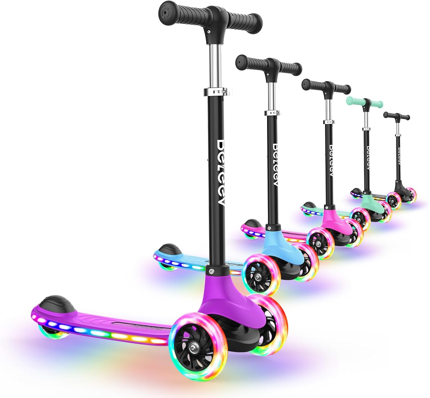 BELEEV A6 Kids Scooter with Light-Up Wheels & Deck, 3 Wheel Scooters for Girls Boys Ages 3-8, 4 Adjustable Height, Lean to Steer, Non-Slip Deck, Toddler Scooter for Children