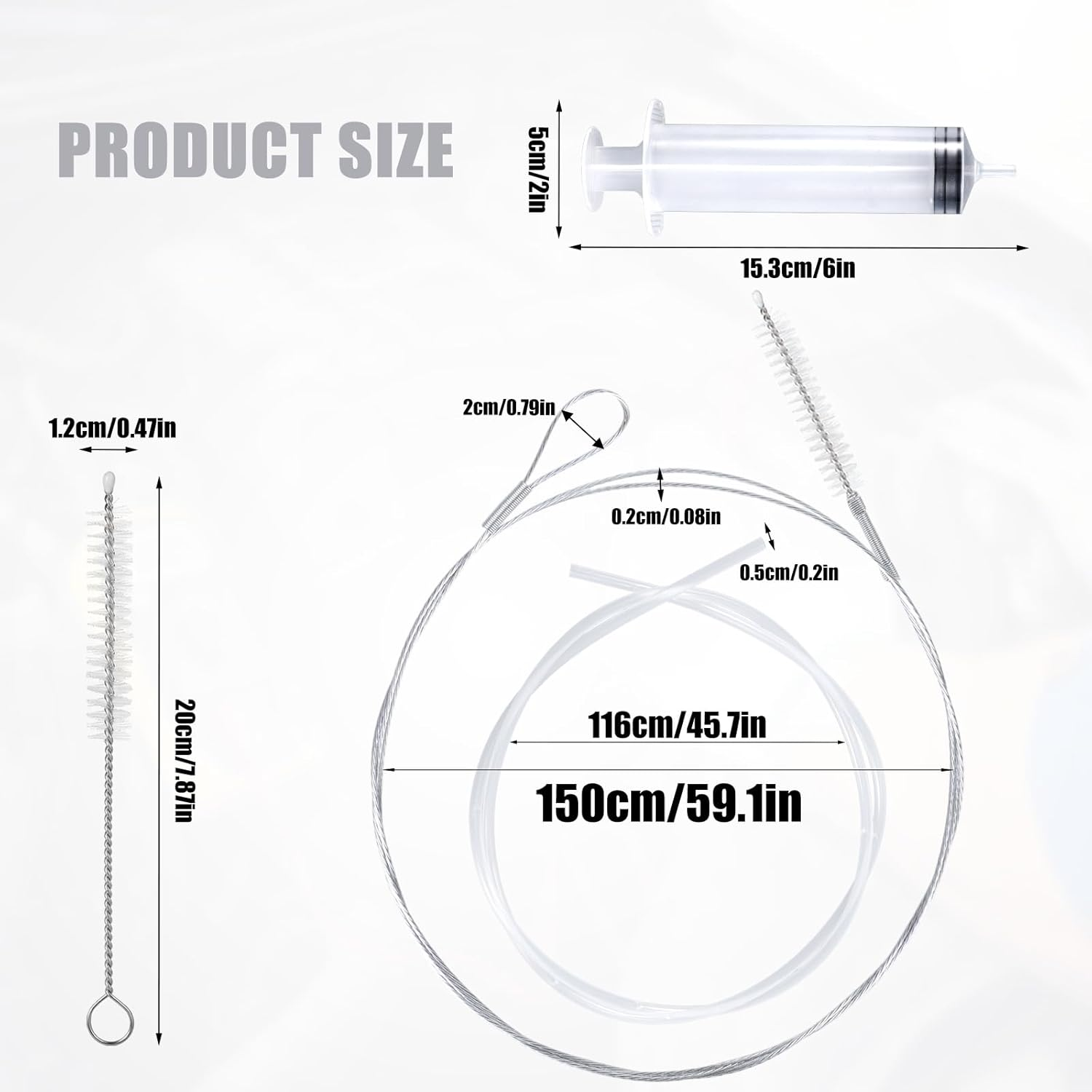 BOXOB Auto Sunroof Drain Cleaning Tool Kit, 59.1In Long Pipe Cleaners with Tube Cleaning Brush Syringe Hose Syringe Flexible Soft Drain Brush for Car Sunroof Trunk Wiper Hole (Steel Wire) image number 3