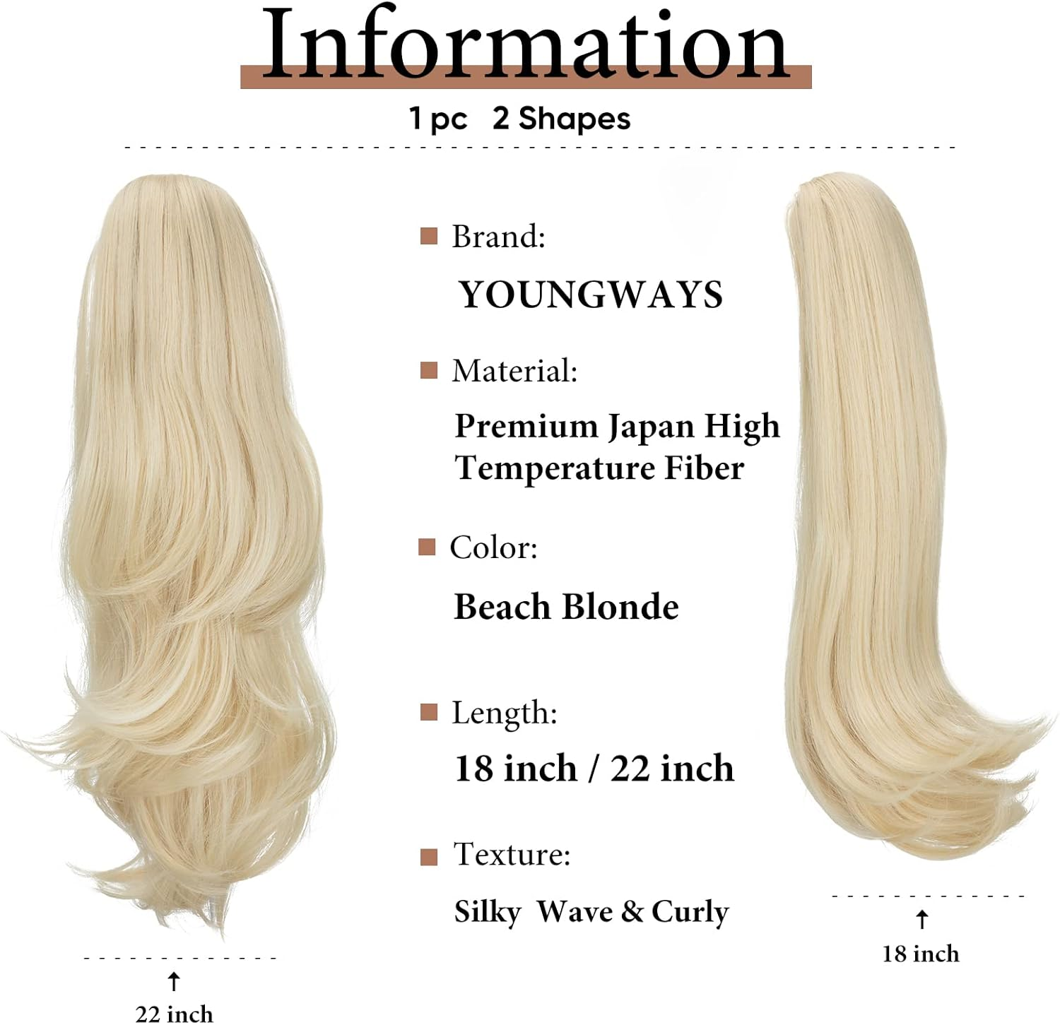18" Clip in Ponytail Extension, Drawstring Ponytail Hair Extension, Long Straight Curly Synthetic Versatile Bangs (Beach Blonde) - Beach Blonde image number 1