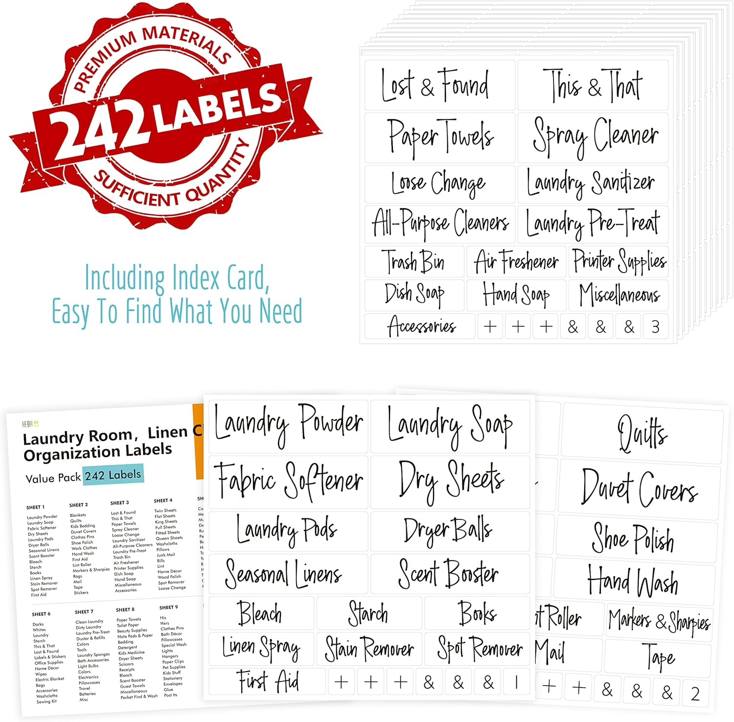 Hebayy 242 Pcs Laundry Room, Linen Closet & Office Labels, 220 Pre-Printed Waterproof Oil&Tear Resistant Removable Stickers, 22 Blank Ones, No Residue for Home Office Craft Room Organization image number 6